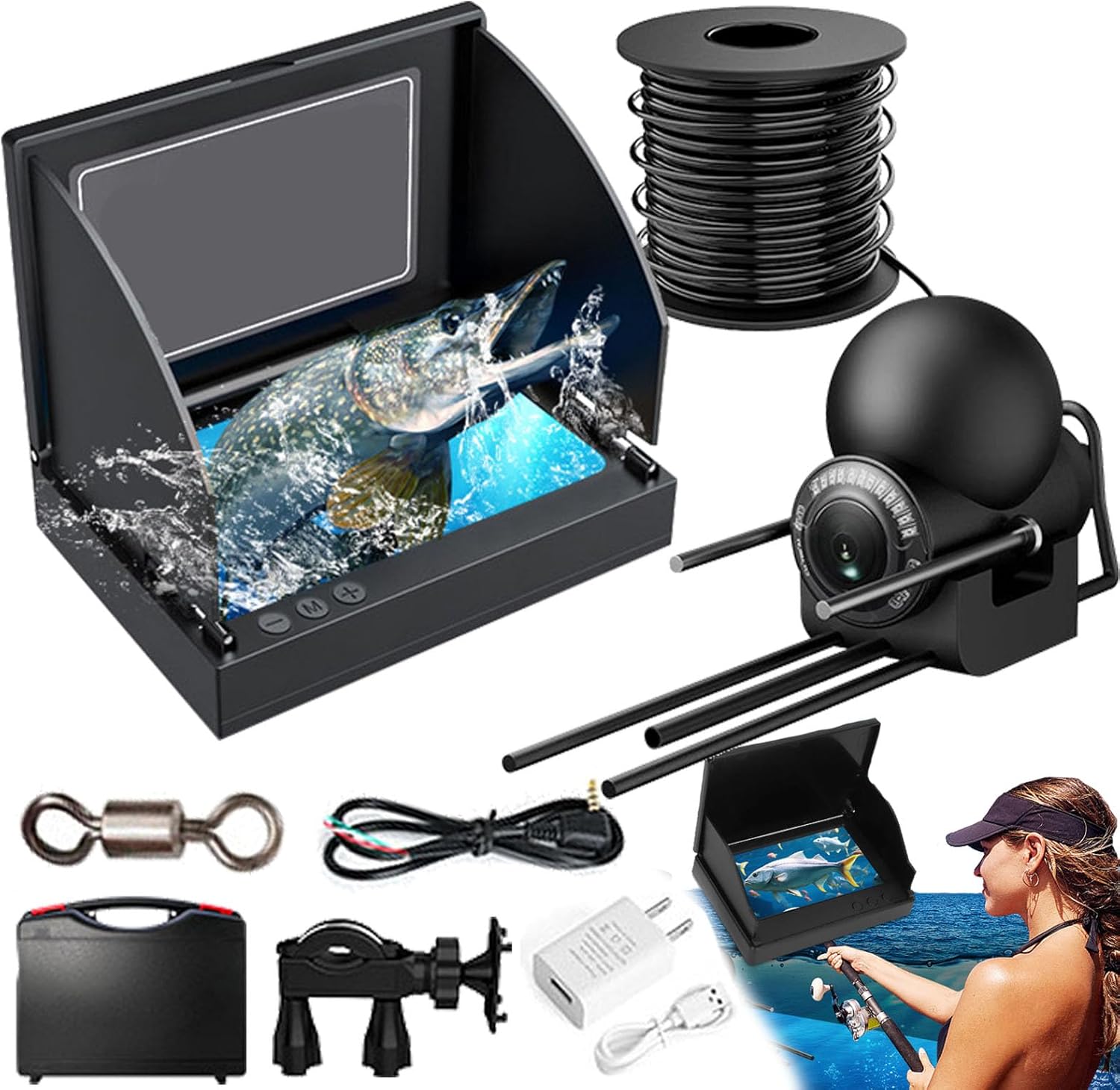 Underwater Fishing Camera, Ice Fishing Camera with Night Vision Light, Fish Finder with 4.3inch IPS Display, 220° Wide Angle, for Lake, Boat, Ice Fishing
