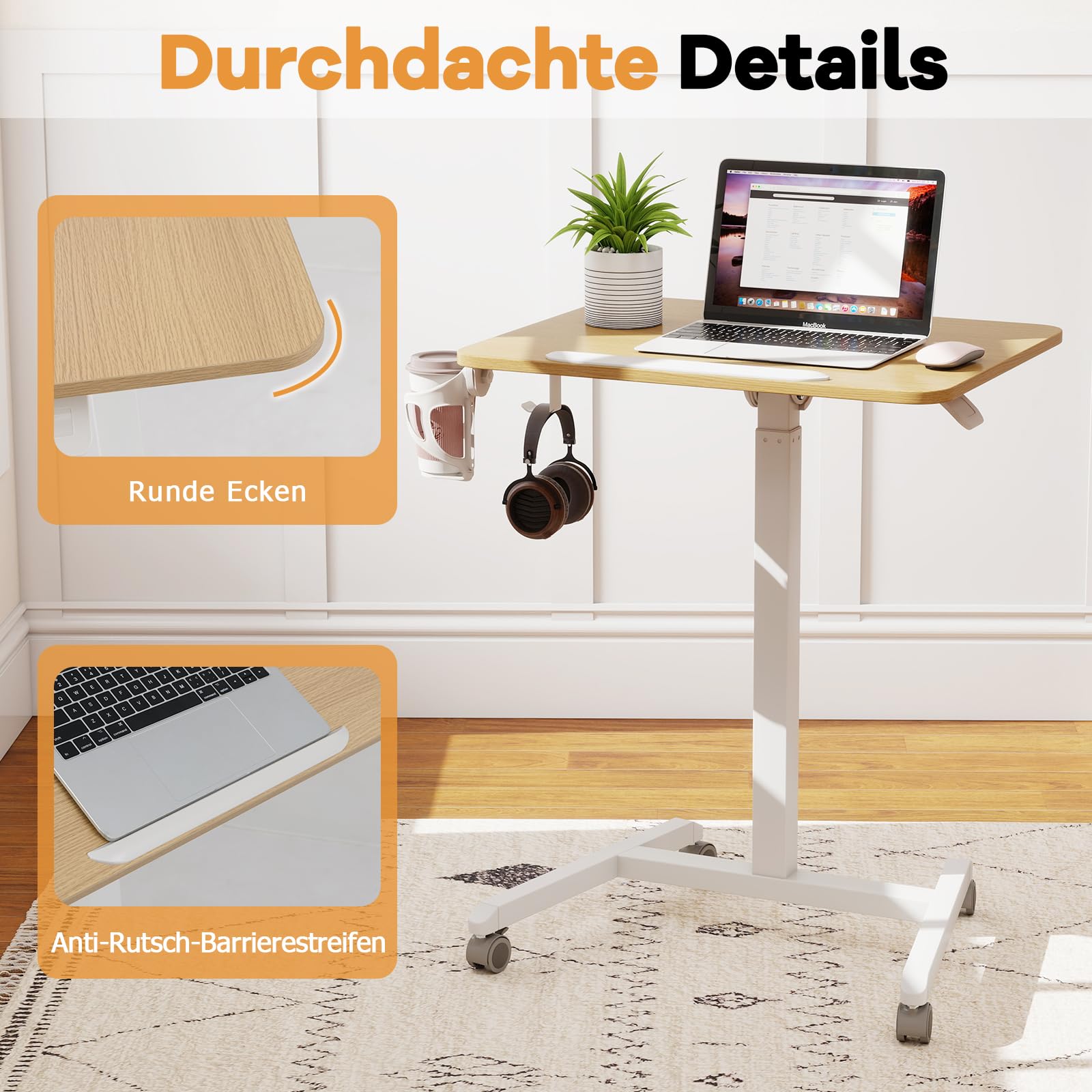 COSTWAY Beistelltisch höhenverstellbar mit Rollen, Stehtisch mit 90° neigbarer Tischplatte, Haken und Becherhalter, Stehpult, Laptoptisch für Wohnzimmer, Schlafzimmer