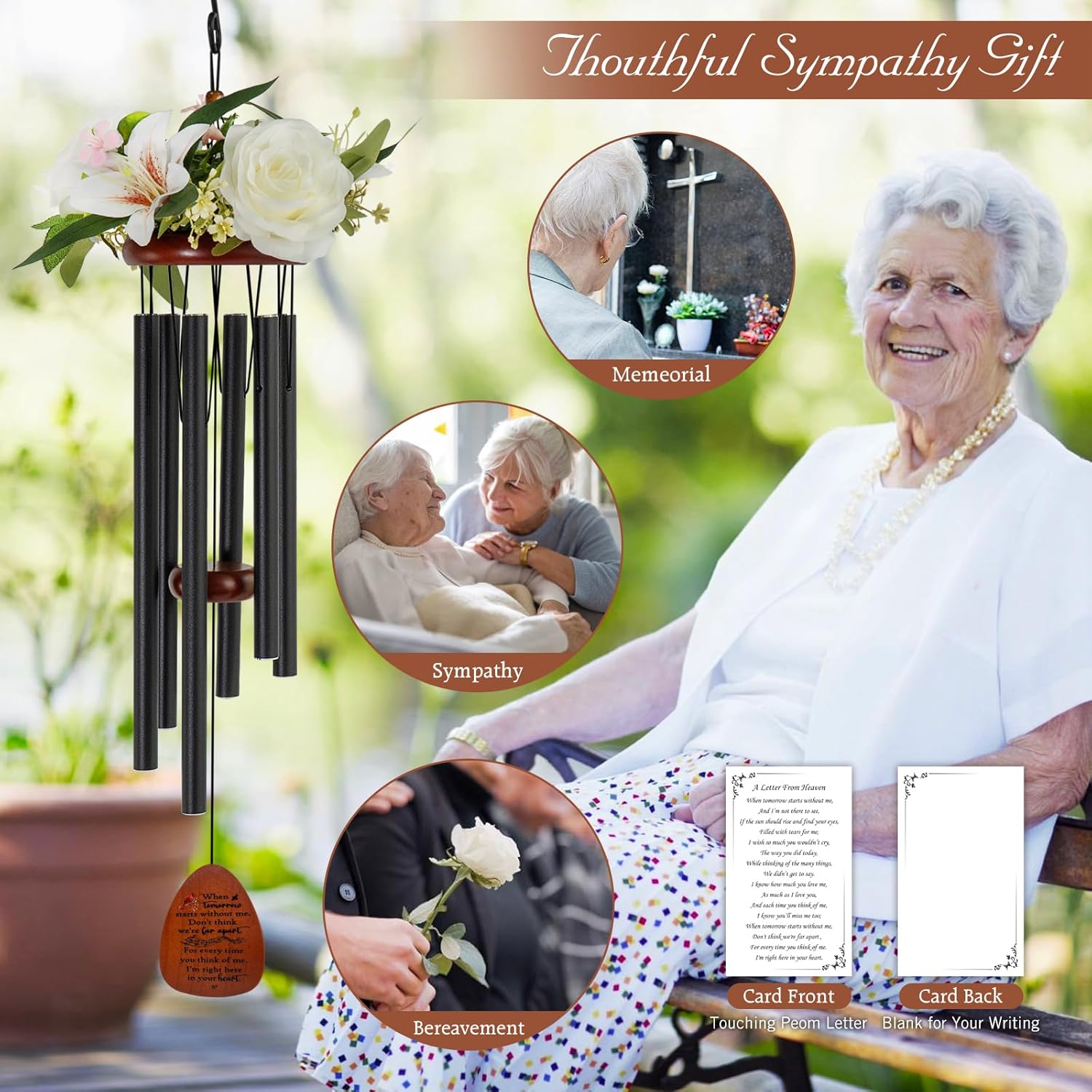 Memorial Wind Chimes for Outside, Sympathy Wind Chimes with Sympathy Flowers, Memorial Wind Chime for Loss of Loved One Mother Father, Outdoor Remembrance Gift for Funeral - Image 4