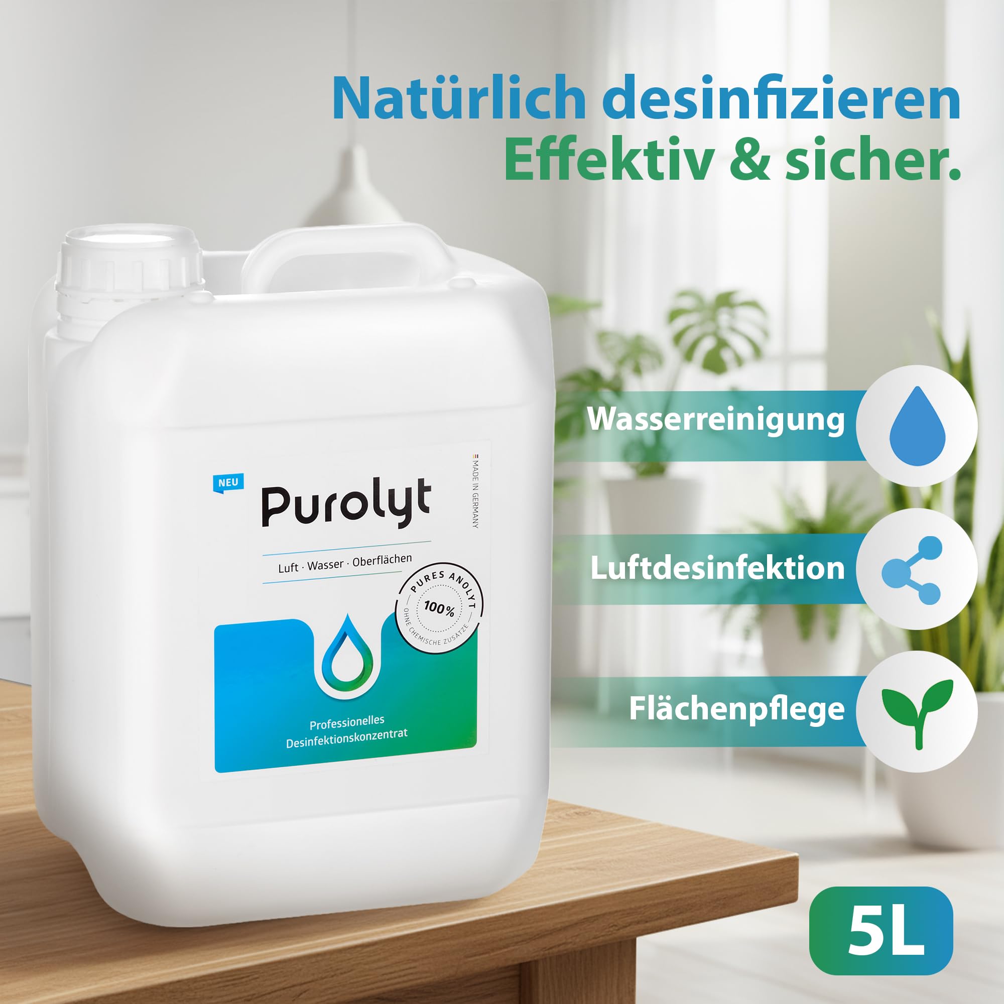 Purolyt Desinfektionskonzentrat 5L mit Pipette und Messbecher – Professionelle, chemiefreie Desinfektion für Luft, Wasser und Oberflächen