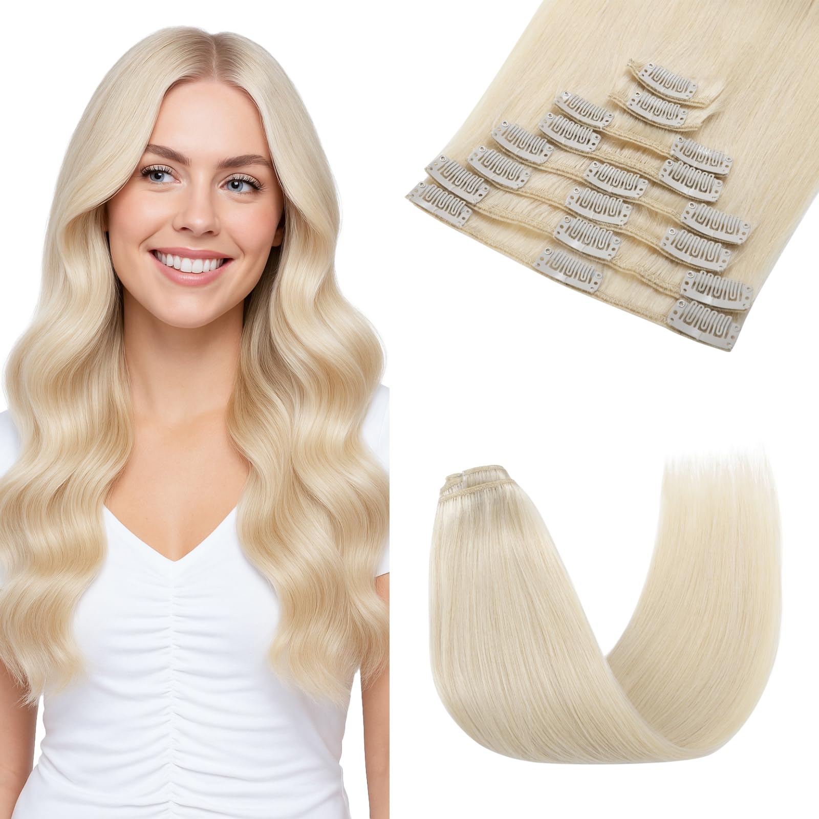 Extension a Clip Cheveux Naturel, Blond Platine 40 cm 65g 8pcs Cheveux Humains Remy Lisse #60