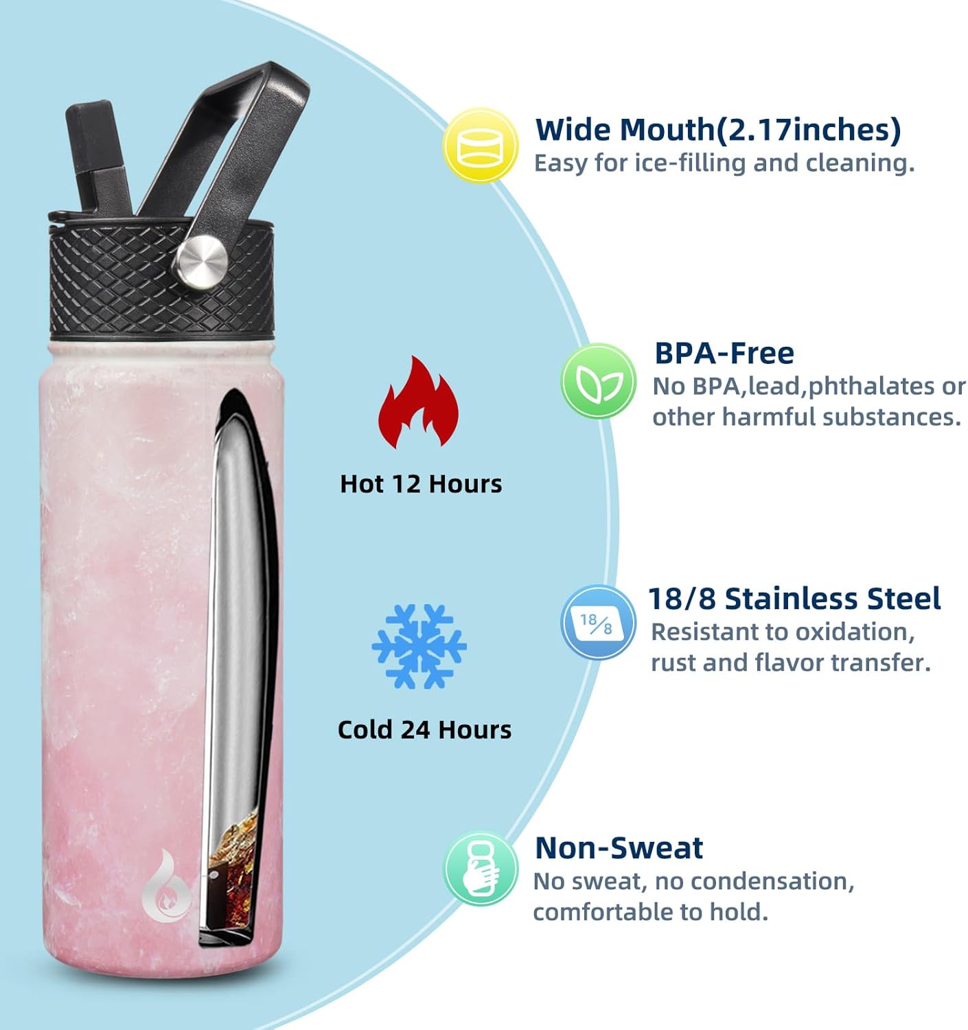 BJPKPK Insulated Water Bottles with Straw Lid, 22oz Cold & Hot Thermo, Stainless Steel Metal Water Bottle with 3 Lids, Reusable Thermo, Cups, Mugs for Daily Use-Blossom - Image 3