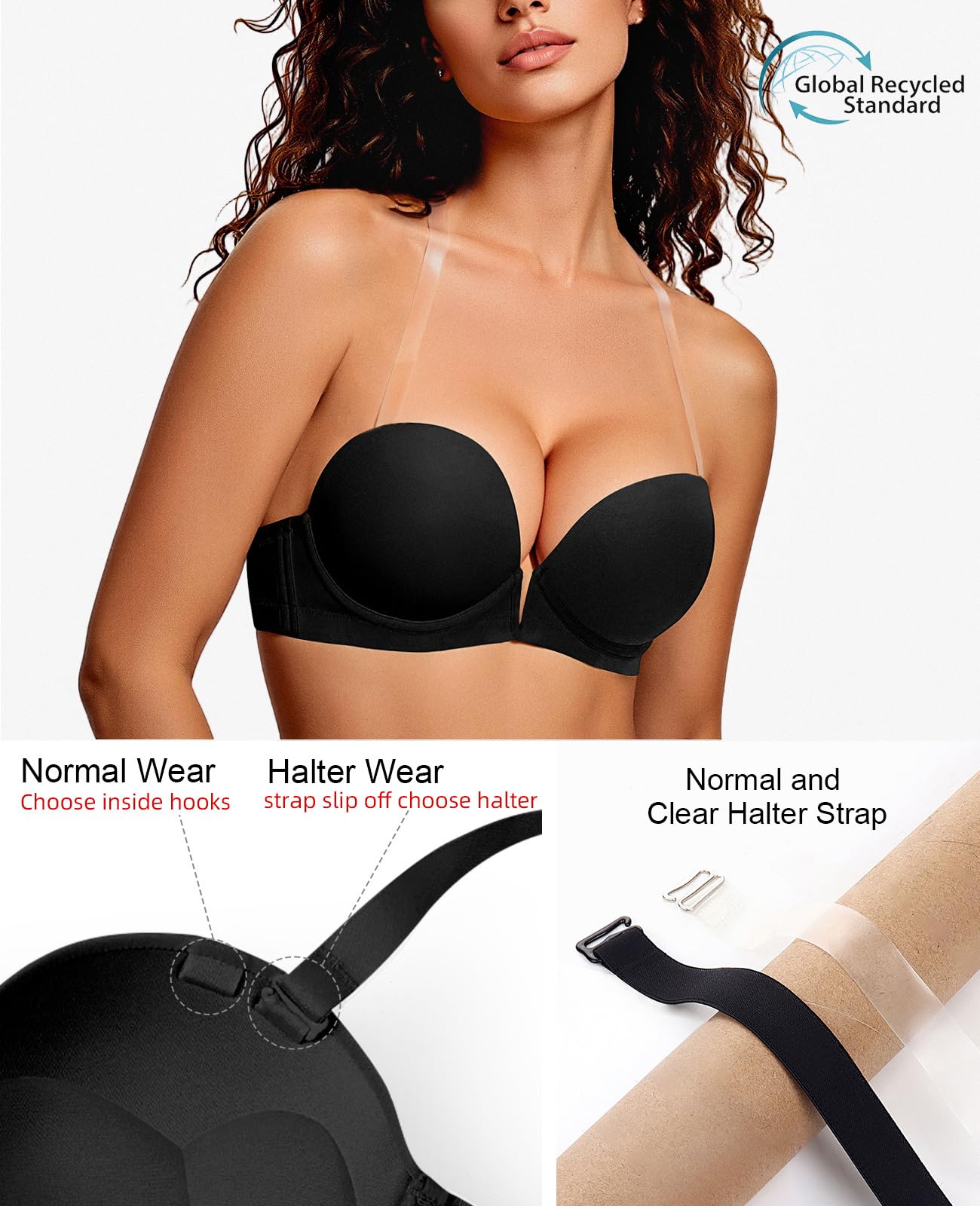 Upushall Reggiseno senza schienale con spalline trasparenti e schiena profonda imbottita push-up taglio basso con ferretto per le donne
