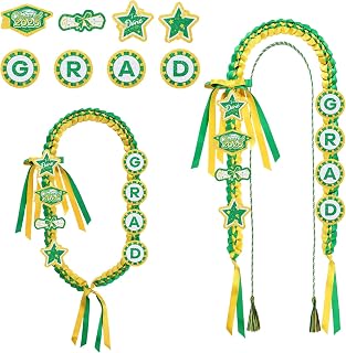Graduation Lei & Honor Cord Set, Class of 2025 Graduation Money Ribbon Leis Braided Necklace Honor Rope with 8 Decorations Patches for High School, College, Master, Grad Party Gift (Green, Gold)