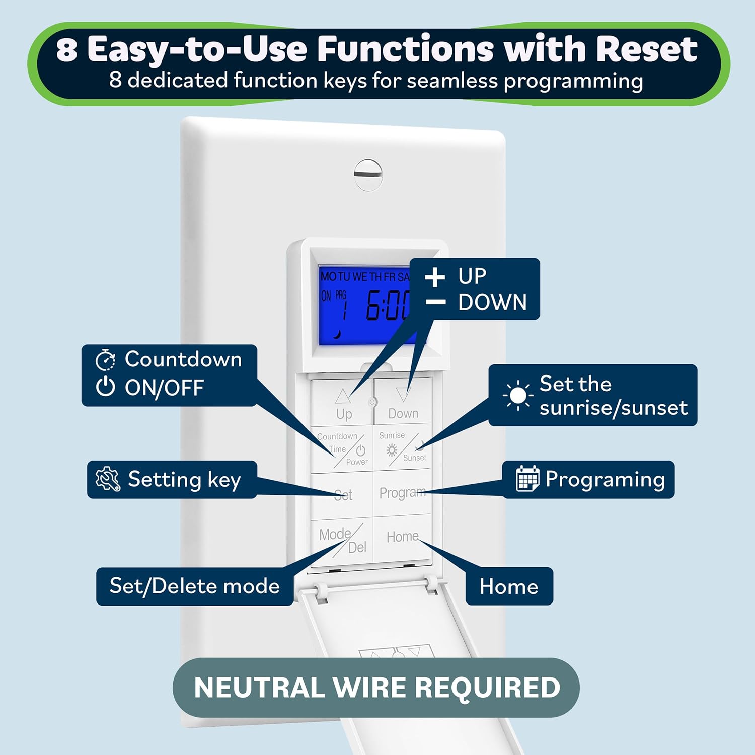 TOPGREENER Digital Astronomic Timer Switch, 7-Day Programmable Sunrise Sunset Timer for Lights, Fans, & Motors, Single-Pole or 3-Way, Neutral Wire Required, UL Listed, TGT01-HN-W, White