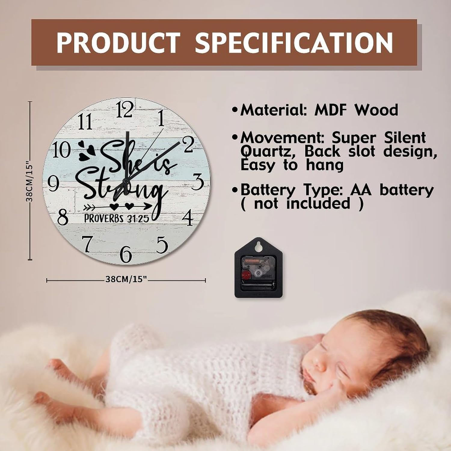 She is Strong Clock Wall Clocks Battery Operated Scripture Print 15 Inch Silent Non-Ticking Modern Boho Men Cave Living Room Decor Gift for Man Woman Friend Anniversary