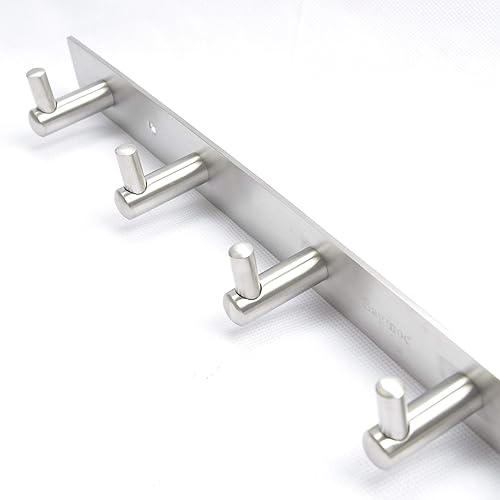 Vista 5 de Soporte para llaves montado en la pared, níquel cepillado de 10.6 pulgadas con 4 ganchos para llaves para entrada, puerta, baño, vestíbulo