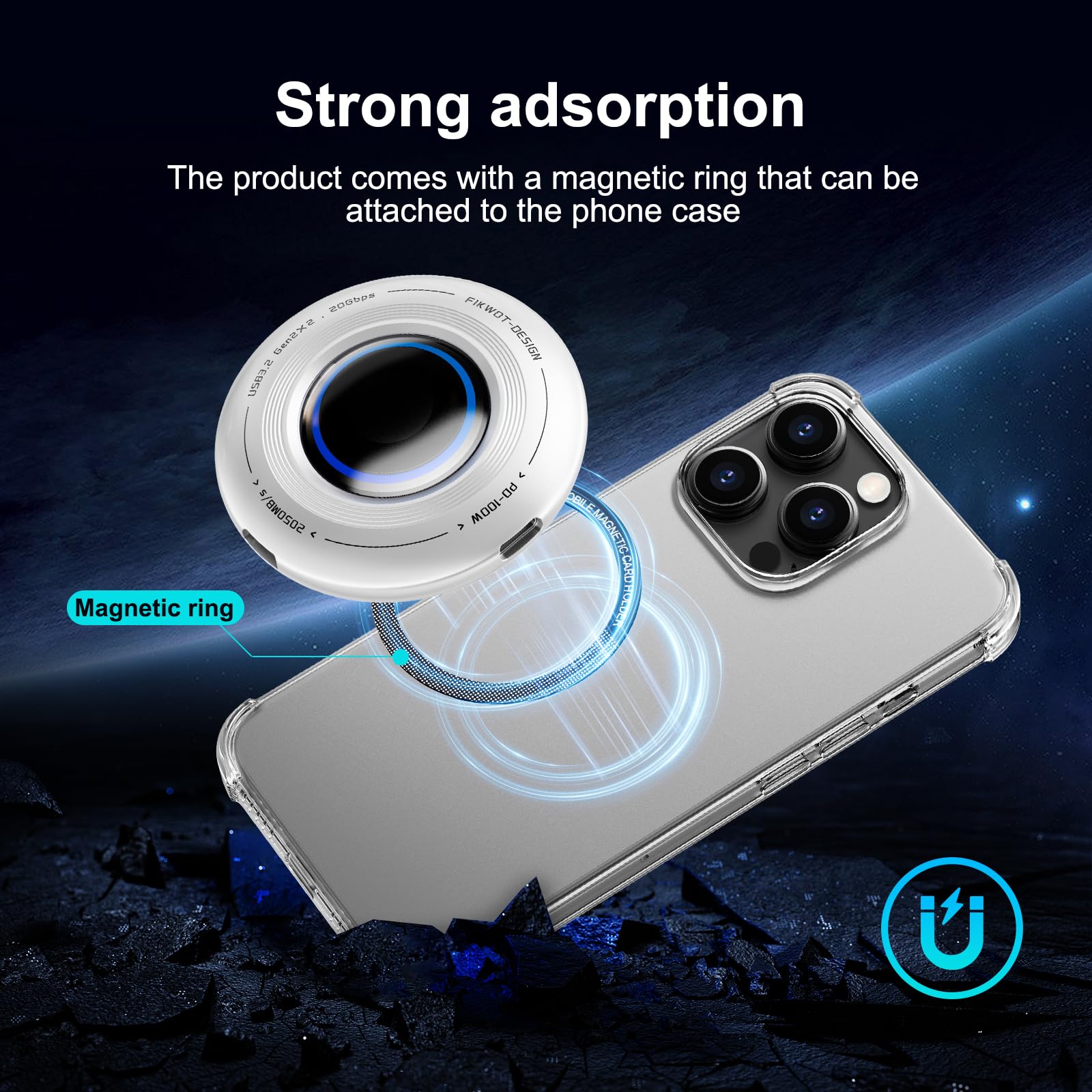 Fikwot FP108 2TB SSD esterno con PD-100 W e 2050 MB/s, USB 3.2 Gen2x2 con anello magnetico, riproduzione durante la ricarica, compatibile con iPhone 15/16, Steam Deck, Switch Lite e altro ancora!