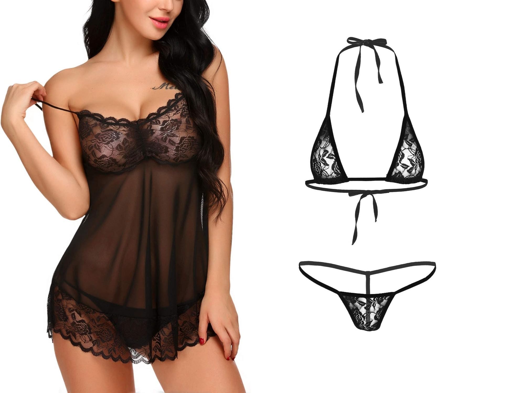 girlfriend Lace Babydoll Lingerie Sexy Mini Chemise Mesh Wedding Nightie Bridal Nightdress with Bikini-picture-44
