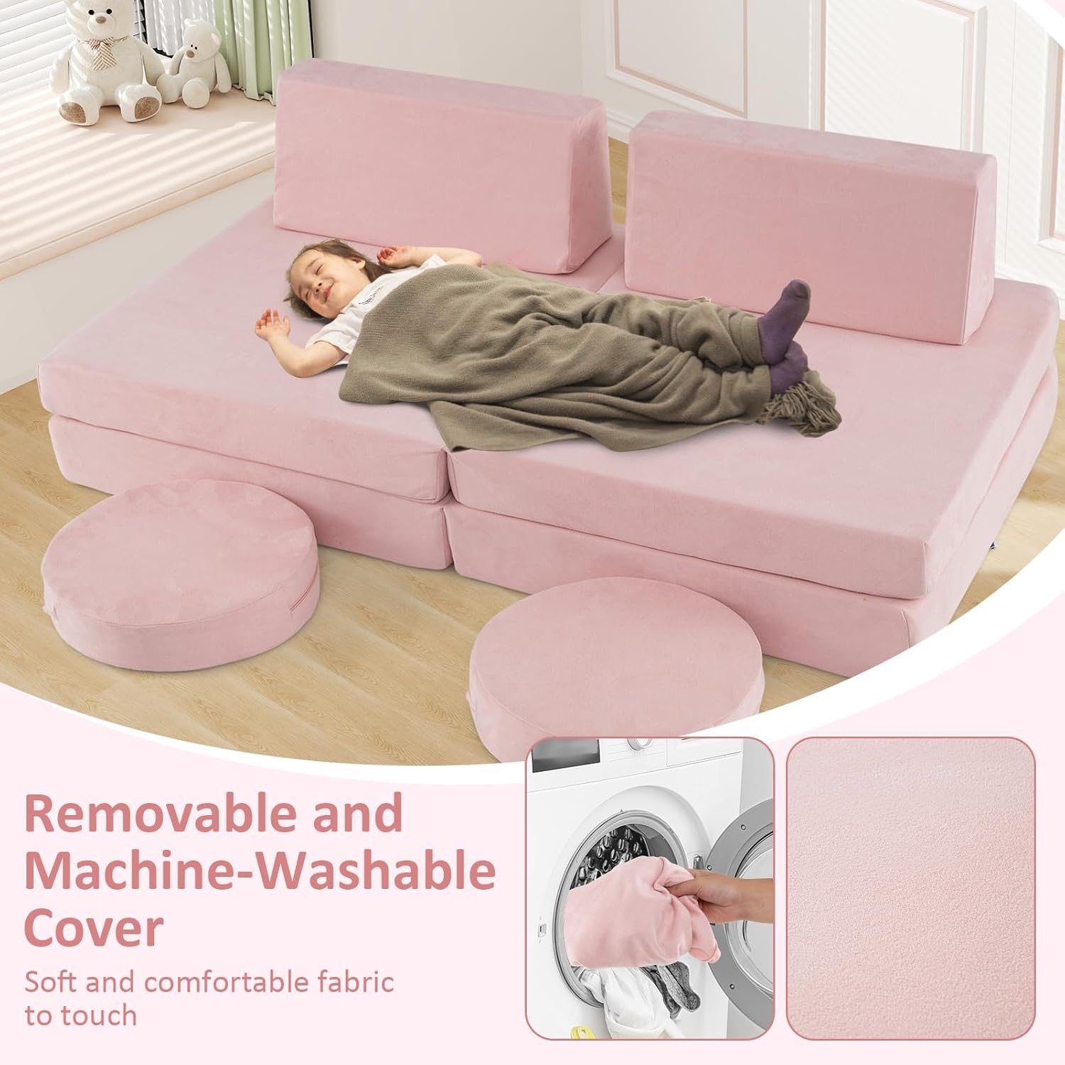 INFANS Modular Kids Play Couch, Toddler Sectional Fort Building Sofa for Playroom, Bedroom, Convertible Soft Foam Furniture Playset and Floor Cushion for Boys and Girls (Pink)