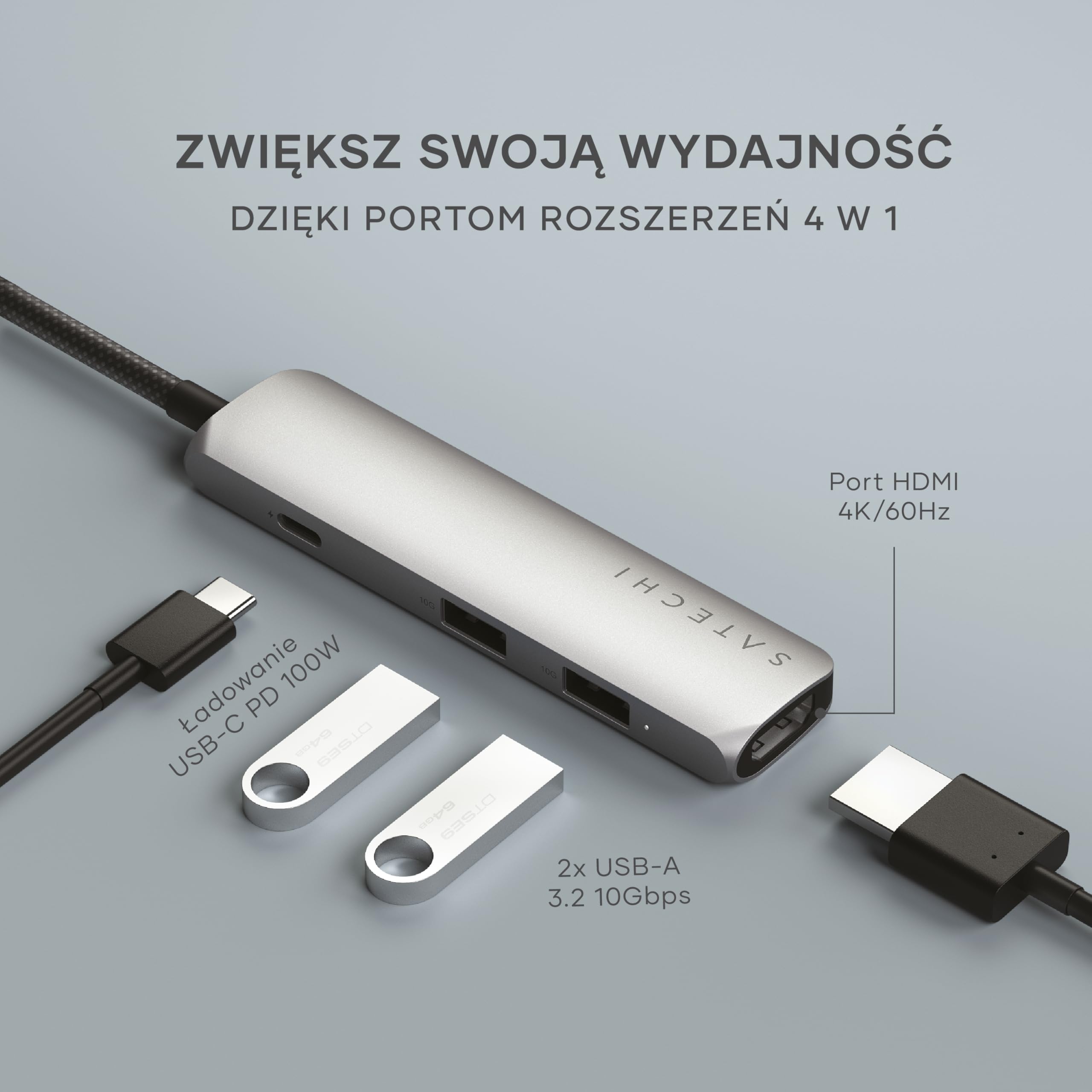 SATECHI hub USB-C Slim Plus 4 w 1, gwiezdna szarość | PD 100 W, HDMI 4K@60 Hz i 2 porty USB-A 10 Gb/s do MacBooka Air/Pro/Neo; zgodność z komputerami z Windows