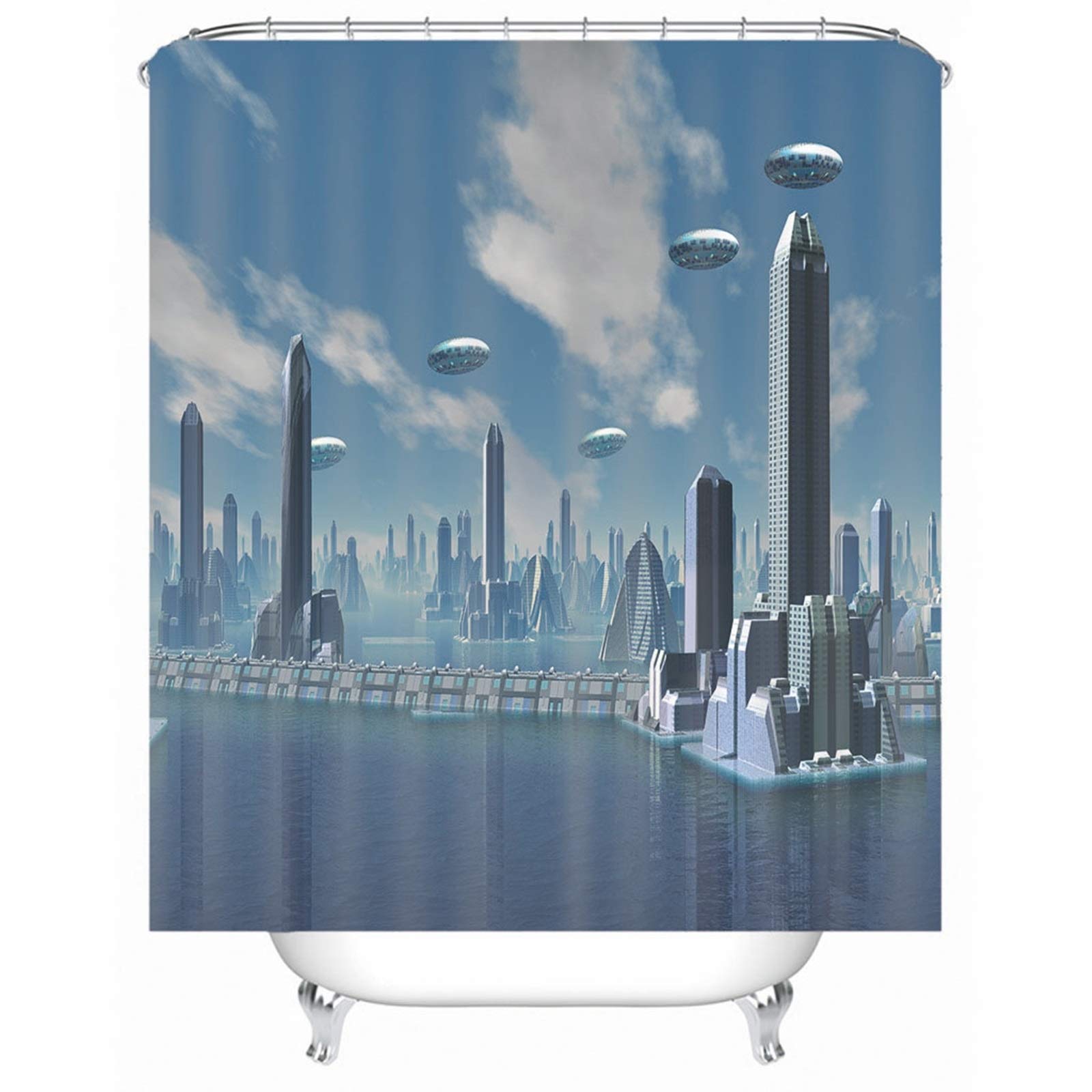 Banemi Eyelet Shower Curtains Bathroom, High-Tech Architecture Pattern Bath Curtain with Hooks, Polyester, 120 x 180 cm, Blue