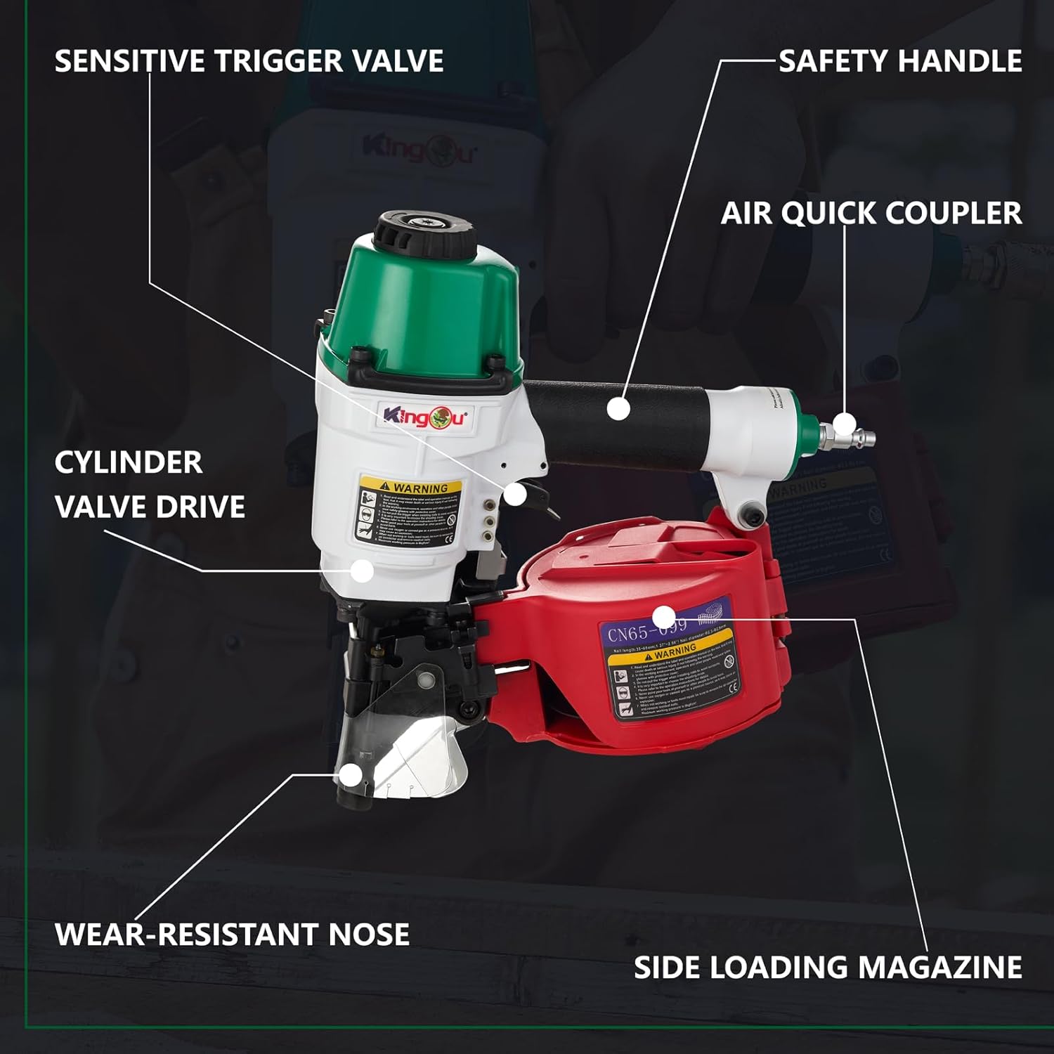 Kingou CN65099 Coil Siding Nailer Decking Nailer Accepts 1-3/4-Inch to 2-3/4-Inch Nails with 1/4 NPT Air Connector 225-300pcs Load Capacity Coil Nailer Coil Nail Gun for Wooden Box Packing