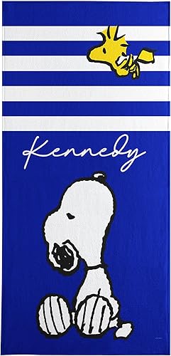 Let's Make Memories Toalla de playa a rayas de Snoopy y Woodstock personalizada Peanuts - Azul