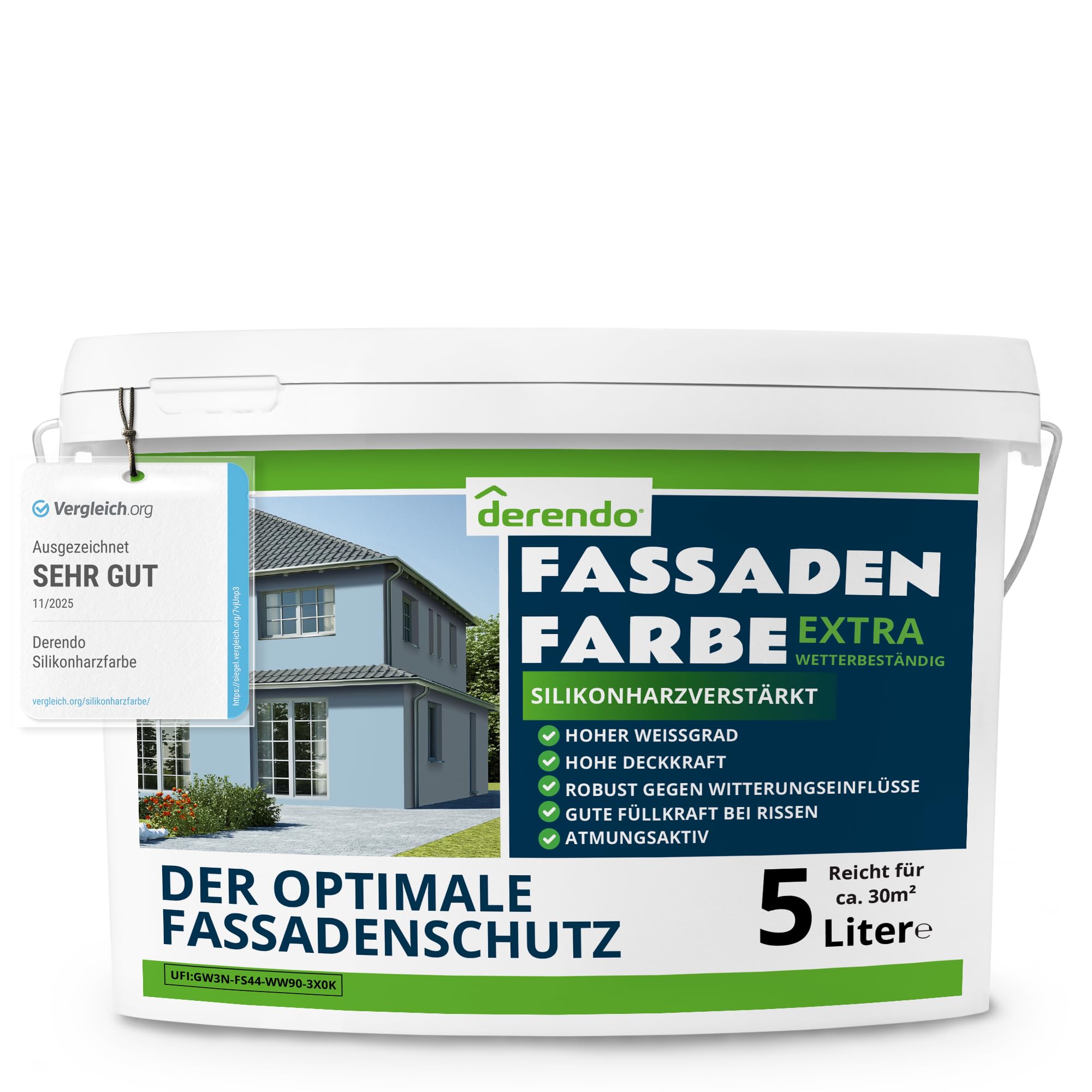 derendo Fassadenfarbe Blau EXTRA silikonharzverstärkt aussen Taubenblau 5l | Für Putz Beton, Abperleffekt, wasserabweisend, UV-beständig, hohe Deckkraft, rissfüllend, diffusionsoffen, Made in Germany