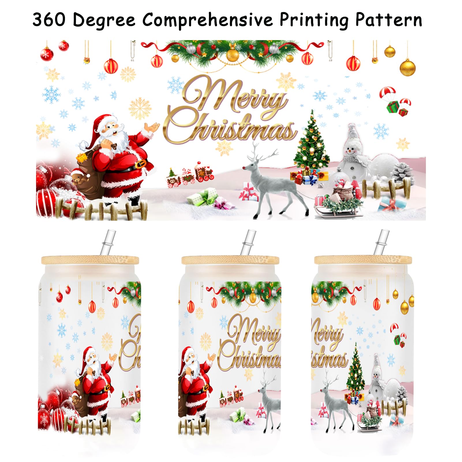 WOSIWULA 4 Pcs Christmas Glass Cups, Christmas Decorations Gifts, 360 Degree Xmas Printing of Images, Coffee Mugs Tumblers with Lids Straws Cleaning Brushes, 16oz
