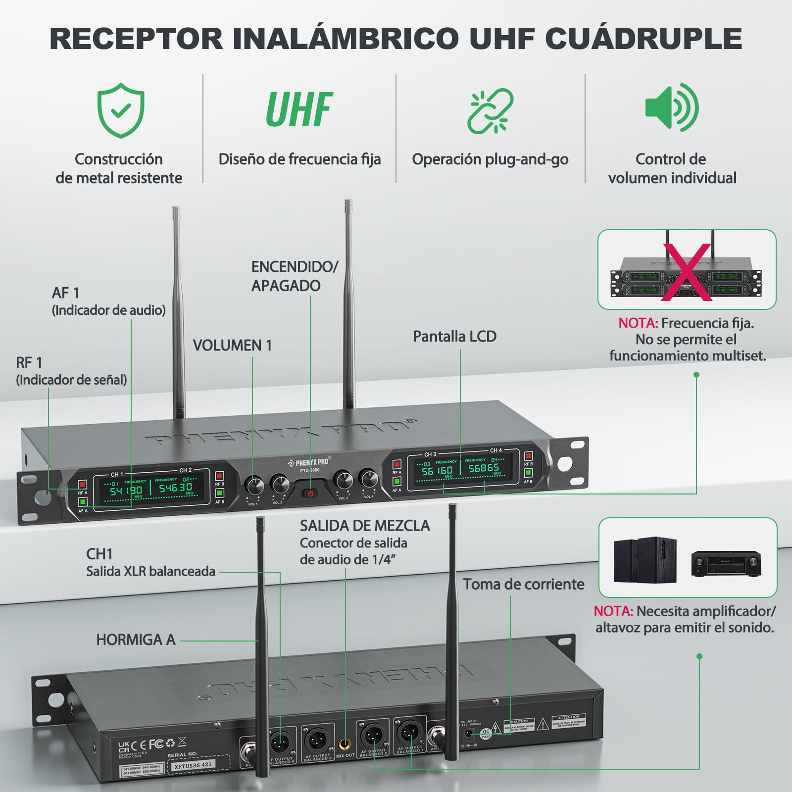 Phenyx Pro 4-Canales UHF Sistema de Micrófono Inalámbrico de Metal, de Frecuencia Fija con 4 Micrófonos Dinámicos de Mano, Alcance de 260ft, para Cantar, Iglesia(PTU-5000-4H)