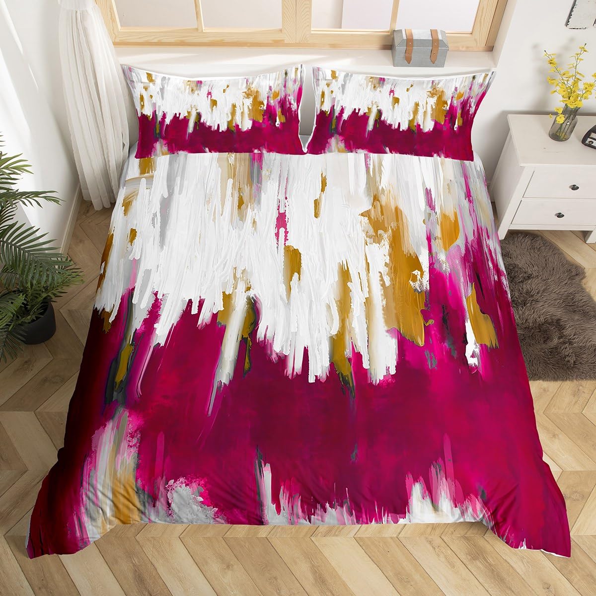 Homewish Abstract Graffiti Duvet Cover King Hot Pink Bedding Sets for Girls Women, Oil Painting Gradient Comforter Cover Modern Artwork Bed Set, Ombre Brush Strokes Bedding โ image 1