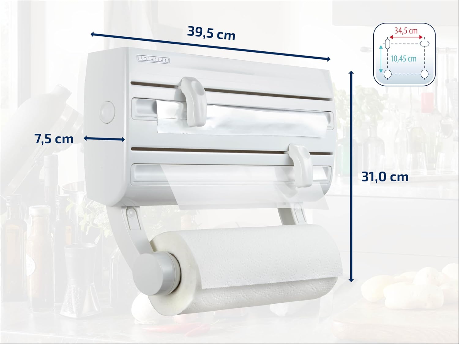 Leifheit Parat F2 Wall Mounted Kitchen Roll Holder – 3-in-1 Dispenser for Foil, Cling Film & Paper Towels – Built-in Steel Cutters – White – Easy Access & Clean Cuts Every Time