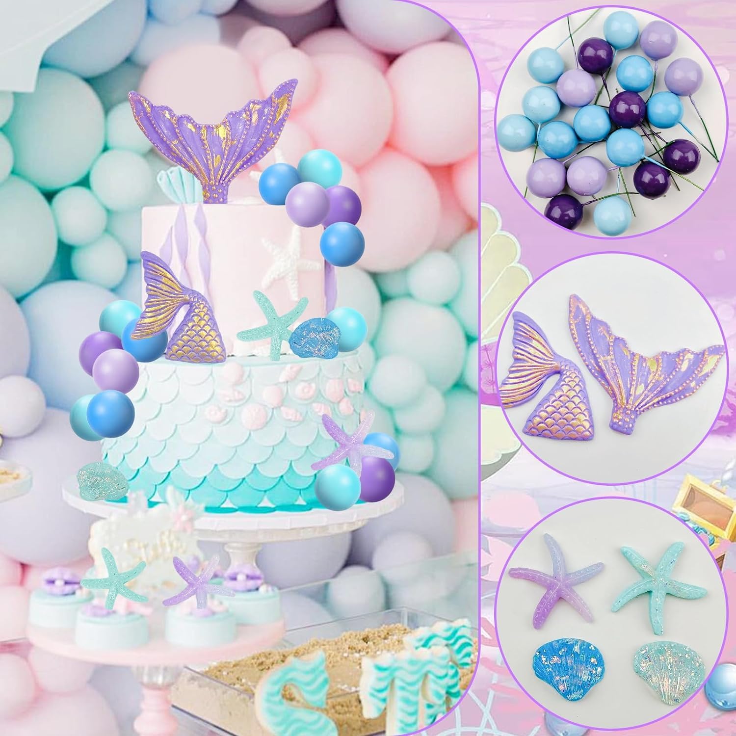 Meerjungfrau Kuchen Topper Set – 26-teilig, Mit Schwänzen, Muscheln & Seesternen
