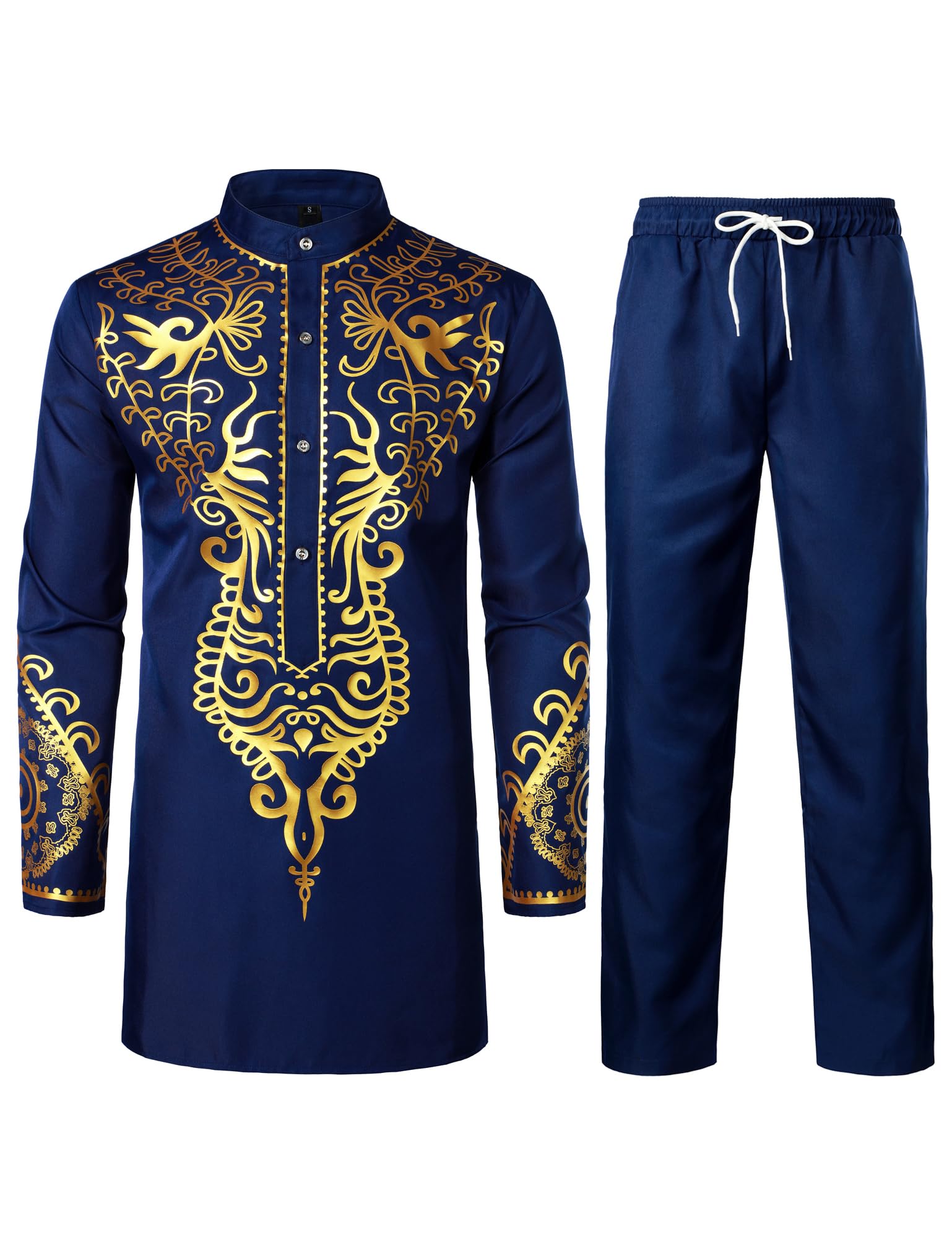 ZEROYAA Men's Africa Suit Long Sleeve Print Dashiki and Pants Outfit Traditional 2 Piece Set