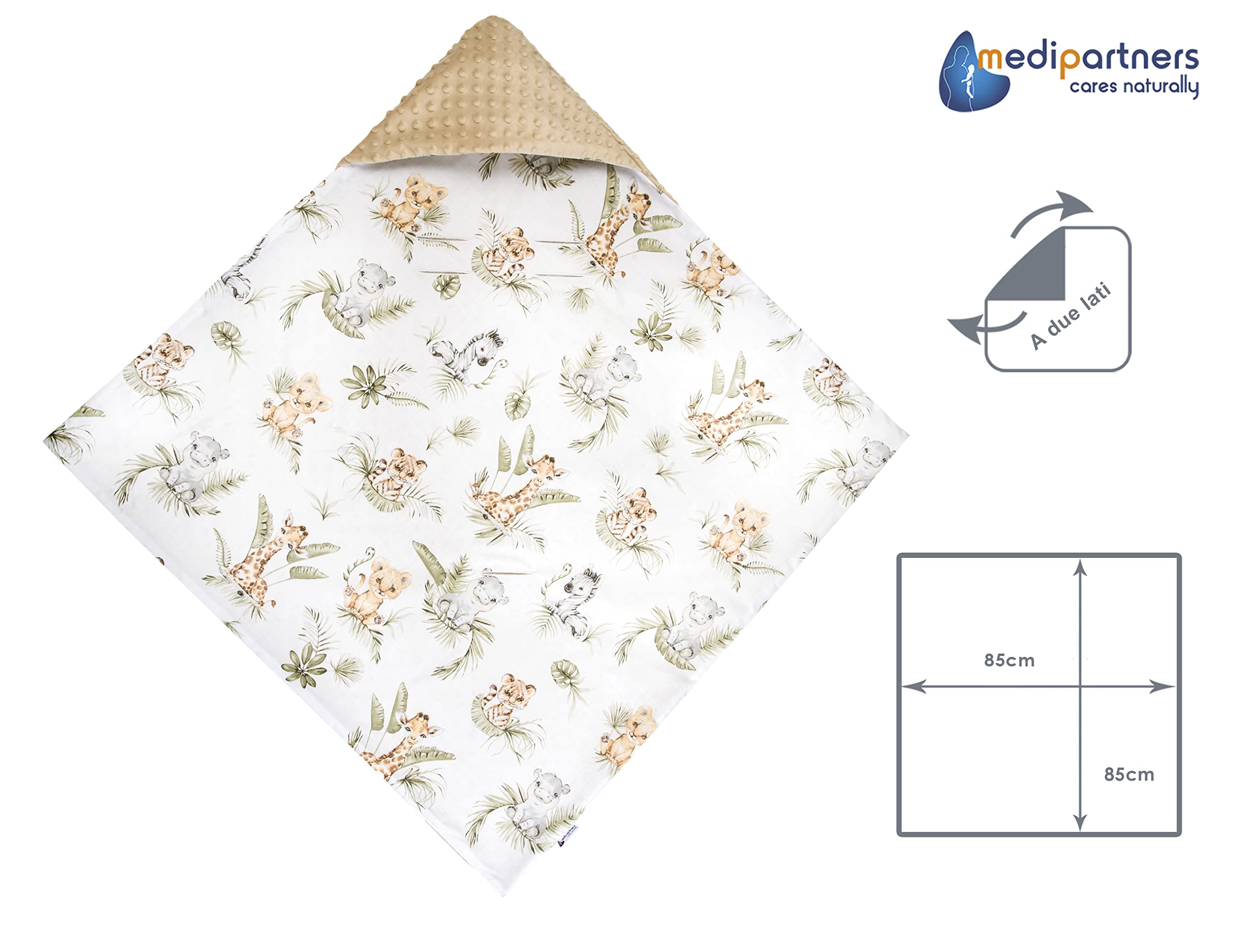 Medi Partners Coperta neonato ovetto Sacco per Passeggino - 100% Cotone universale Blanket 85x85cm fodera protettiva Morbida e Accogliente Passeggini Marsupio (Safari con Minky beige)