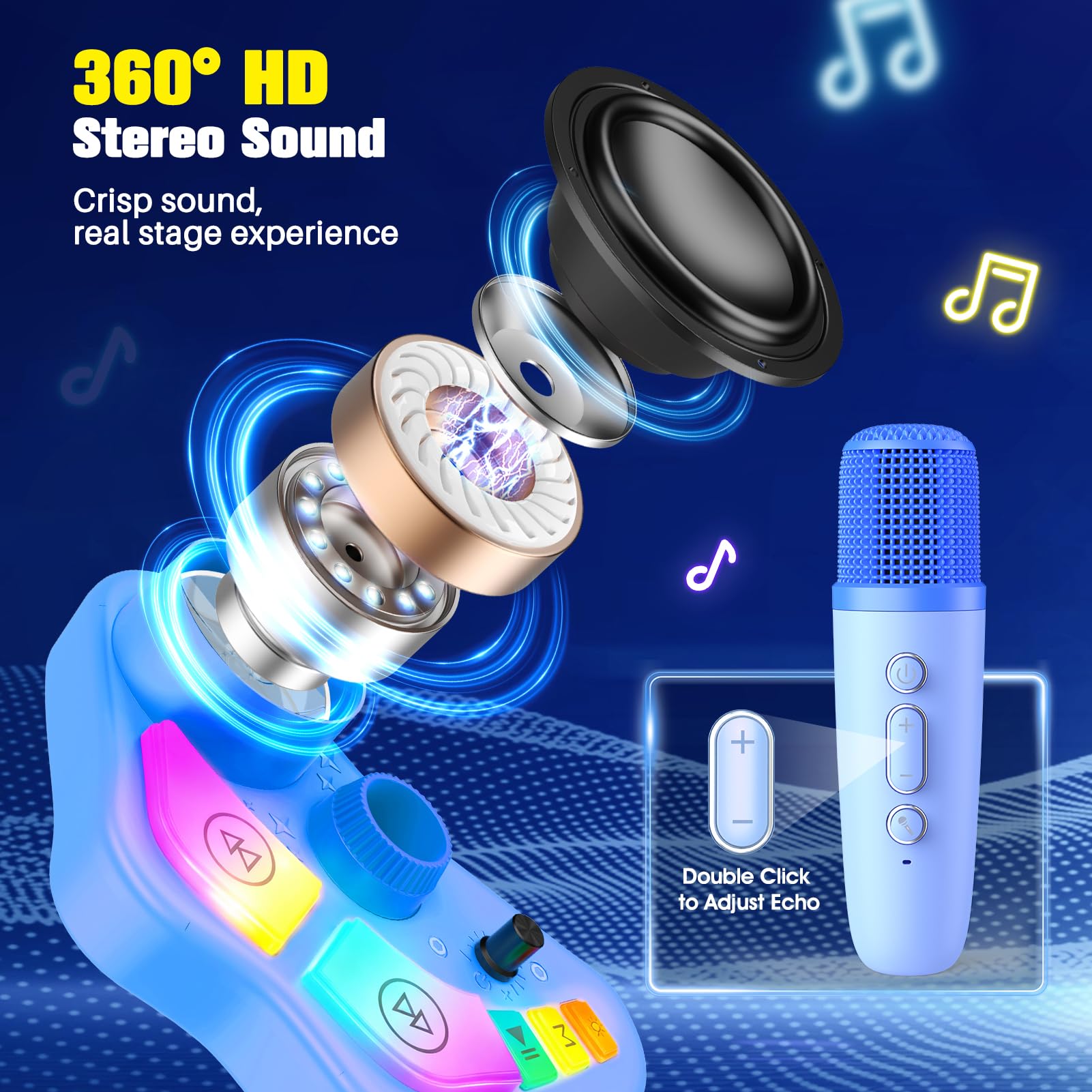 Kinder Karaoke-Maschine Spielzeug mit Ständer für Jungen Alter 3-8 Jahre, wiederaufladbares Karaoke-Mikrofon mit 2 kabellosen Mikrofonen & LED-Lichtern, 3 4 5 6 7 8 Jahre alt Junge Mädchen
