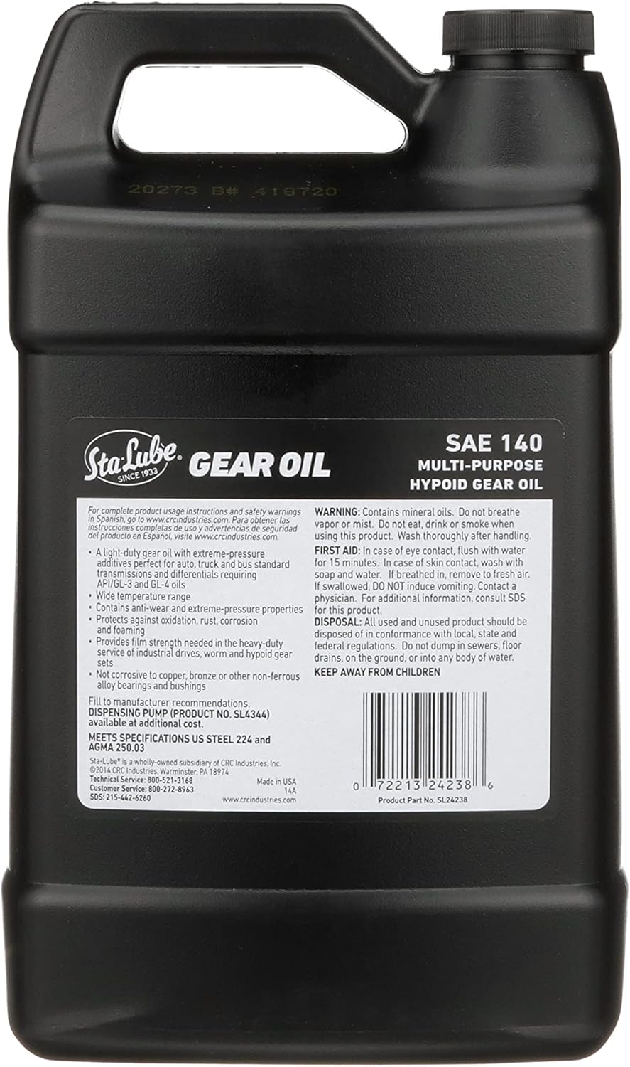 Sta-Lube GL-4 Multi-Purpose Gear Oil SAE 140 SL24238 – 1 Gallon Hypoid Gear Oil w/High-Temperature Properties