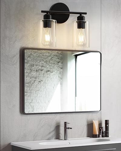 Miniatura 7 de Lámparas de baño de 2 luces, luces de tocador de baño negro mate, accesorios de iluminación de baño sobre espejo con pantalla de vidrio