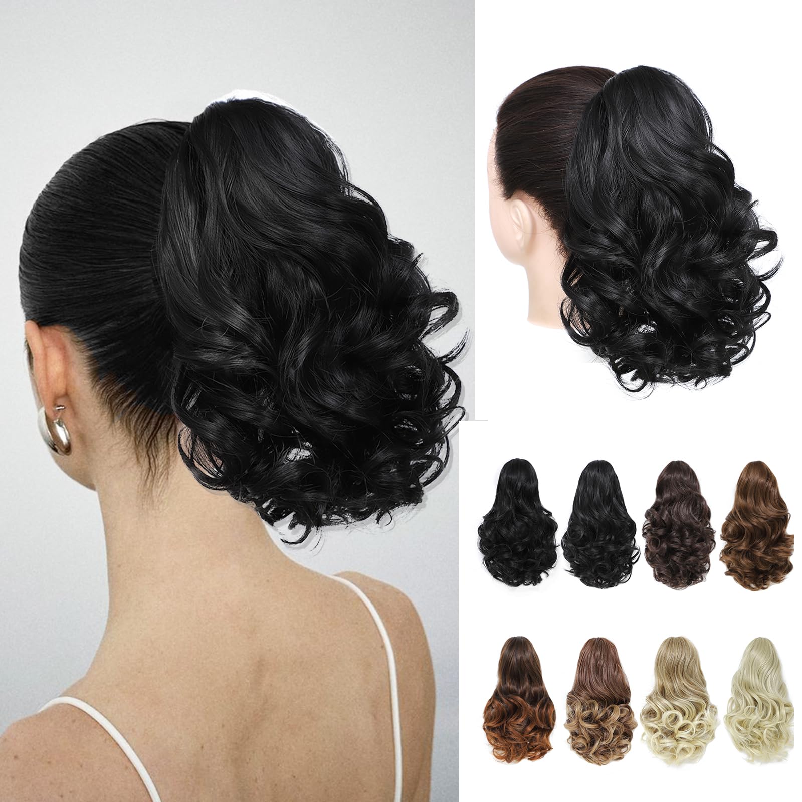 Angzon Ponytail Extension 8 Inch Claw Clip in Ponytail Short Curly Ponytail Extension for Women Fluffy Wavy Curly Synthetic Versatile Natural Black