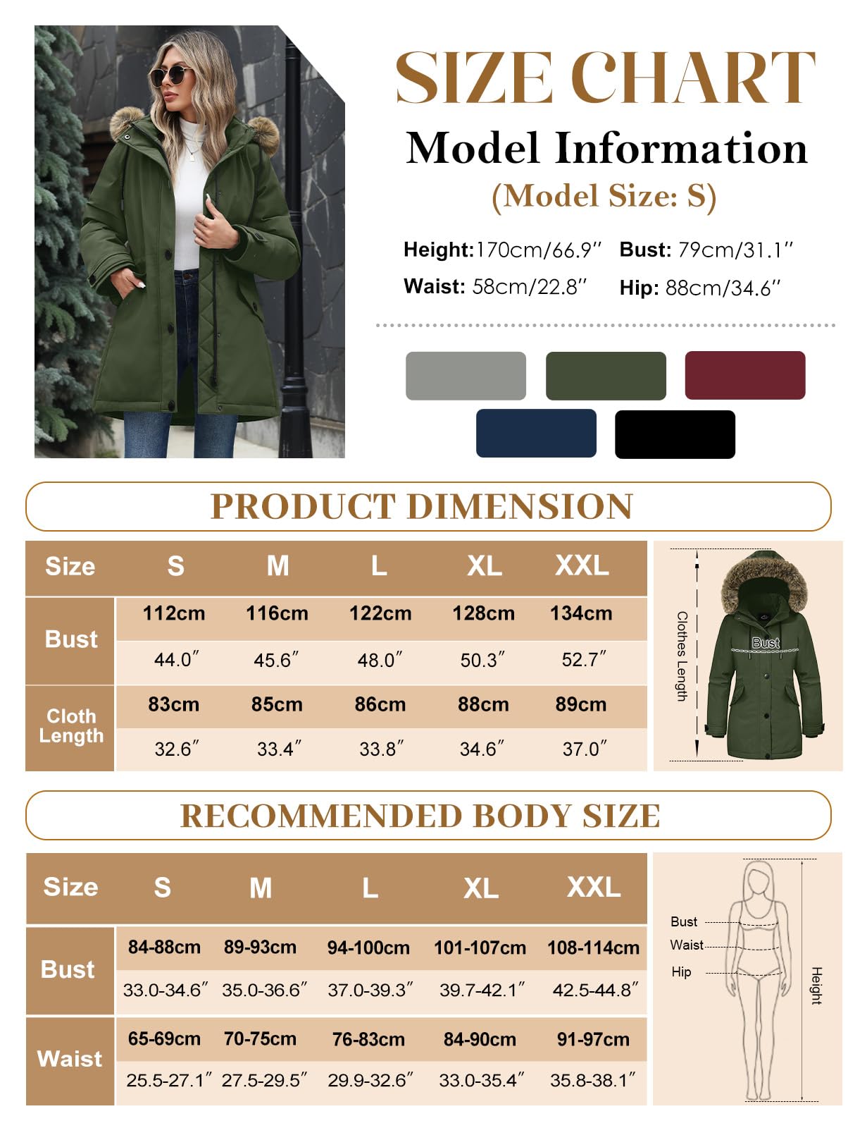 CMTOP Blouson Femme Hiver Mi-long Parka Imperméable à Capuche Amovible Manteau Chaude Elegant Veste Zippé Manche Longue Puffer Coupe-vent Outercoat à Cordon