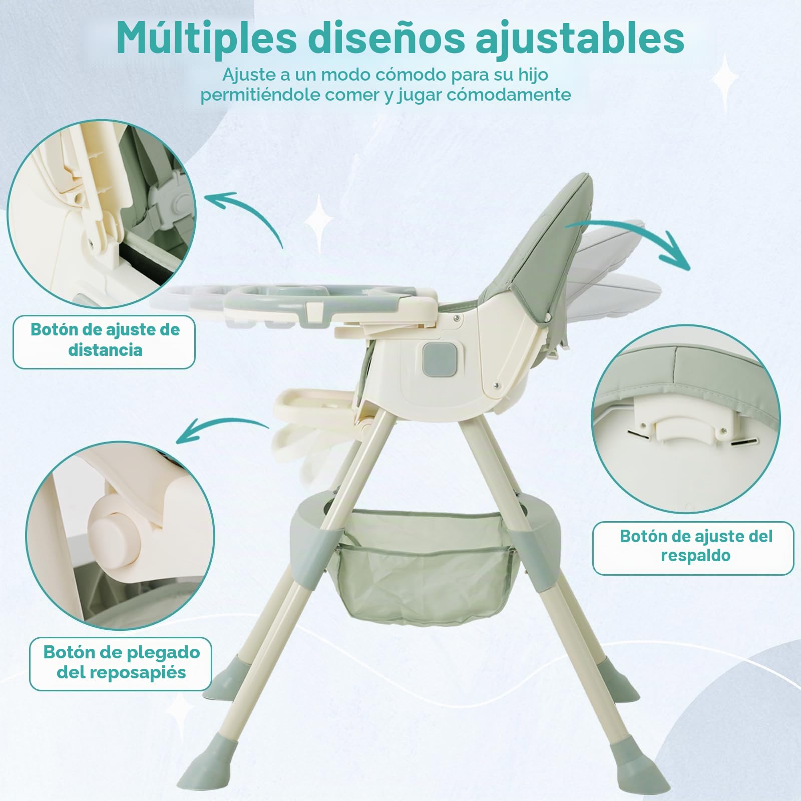Trona Bebé Evolutiva 3 en 1,Plegable,Reclinable,Doble Bandeja Desmontable,con Ruedas Universales,3 Respaldos Ajustables y Cinturón de Seguridad de 5 Puntos,Para Bebés a partir de 6 Meses,Verde