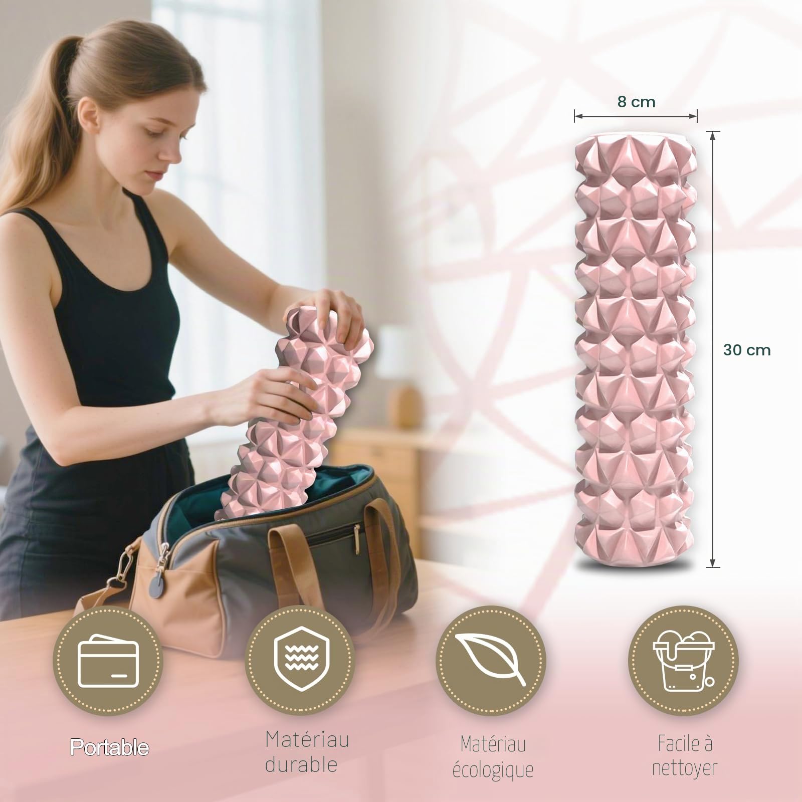 Rouleau de Massage Adulte Unisexe Rouleau Massage en Mousse à Quadrillage Foam Roller pour Soulager les Tensions Musculaires la Pression dans le Dos Rouleau de Massage Musculaire 30×8cm (Rose)