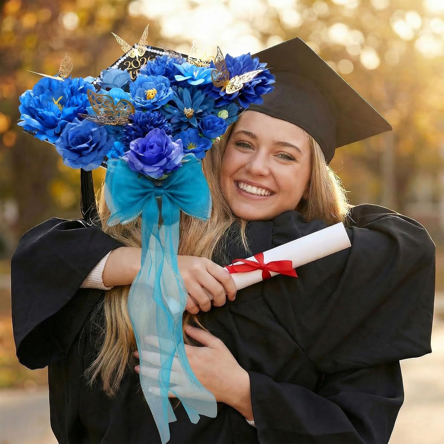 Graduation Cap Decorations, 45 Pcs Grad Cap Decor Kit Bow Faux Flower Butterfly Letter Sticker Glitter for DIY