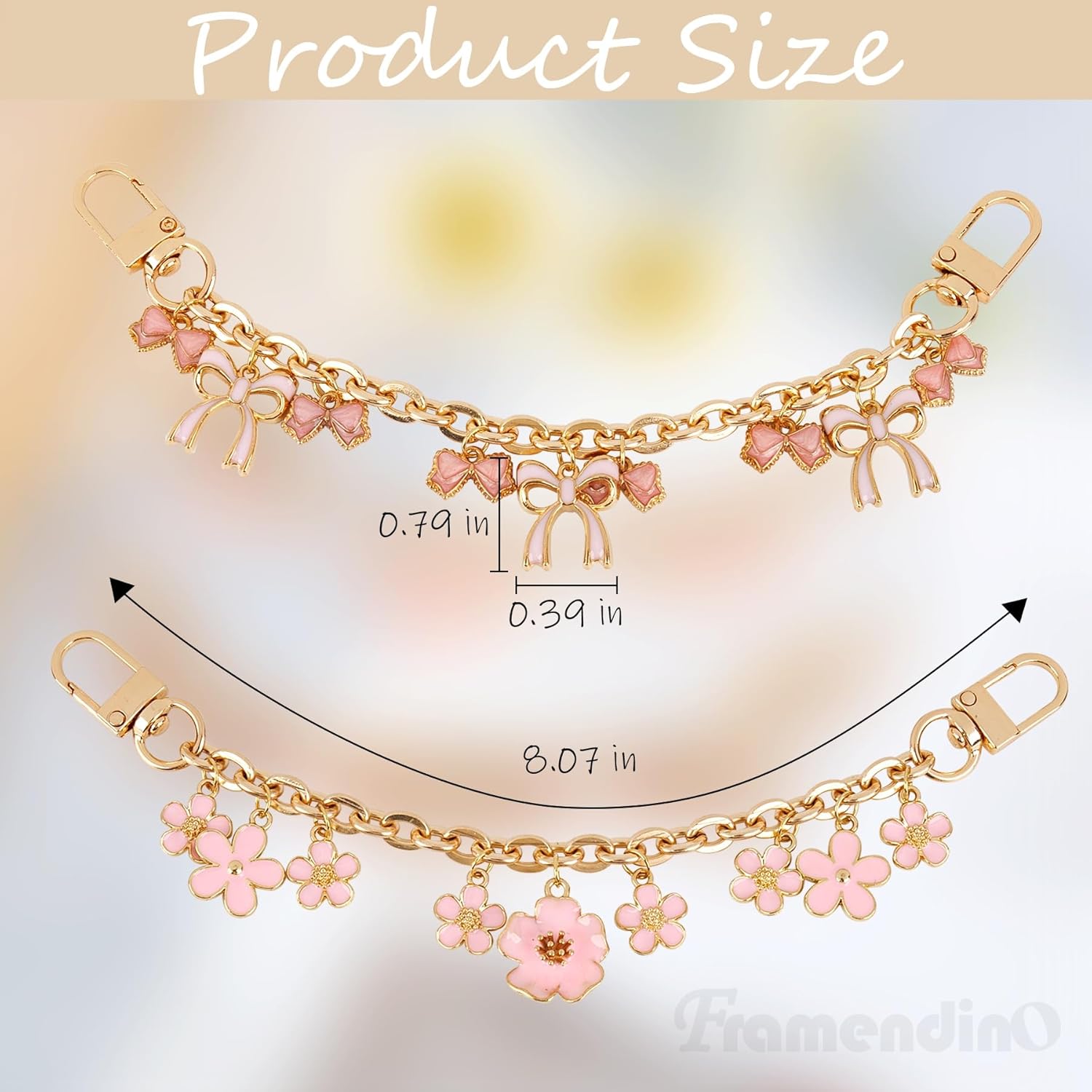 Framendino, 2 Pack Pink Flower Short Bag Extender Chain 8 Inch Gold Metal Purse Strap with Enamel Bow Floral Charm for Handbags Wallet - Image 2