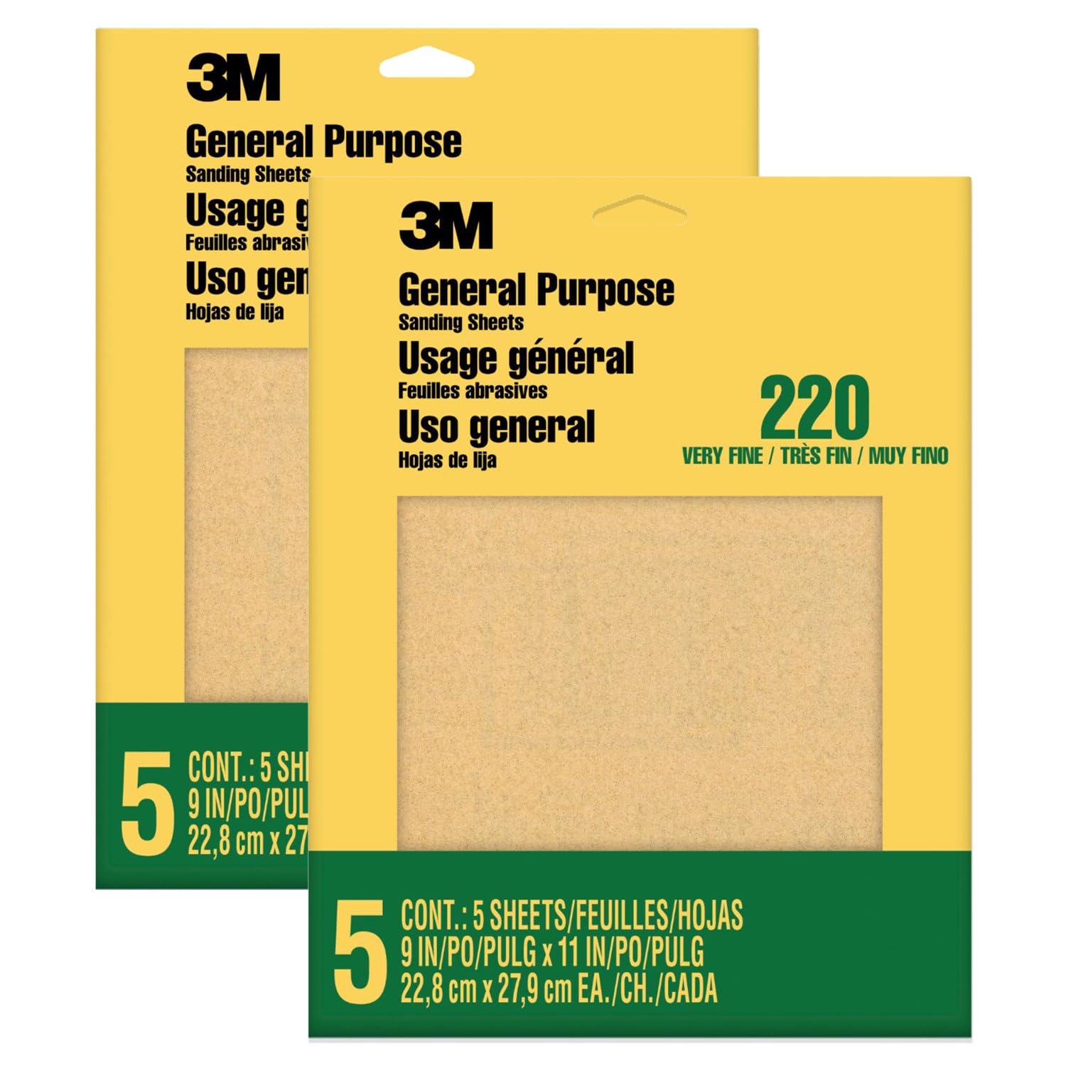 3M Sandpaper, 220 Grit, 5 Sheets, 9 in x 11 in, Sands Paint, Wood & Metal, Great for General Purpose Sanding, Very Fine Aluminum Oxide Sand Paper (9000NA-20), 2-Pack