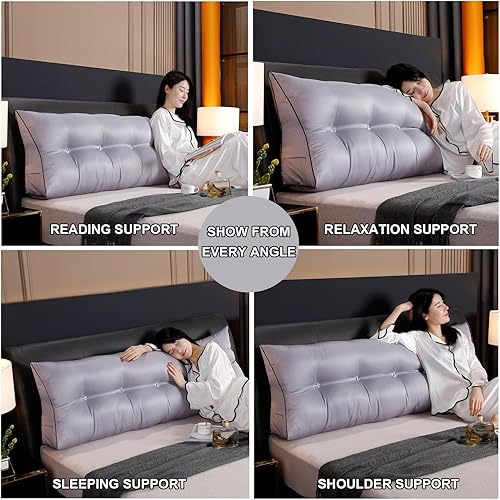 Miniatura 6 de Almohada triangular de lectura, almohada de cabecera de cuña para cama de día, respaldo de tatami, funda extraíble, cojín de soporte lumbar, gris,