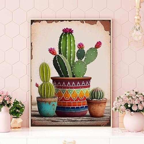Miniatura 2 de UPABLUNSO Flores de cactus en maceta, plantas en maceta, estilo vintage, kit de pintura de diamante 5D, pintura de diamante completo para adultos,