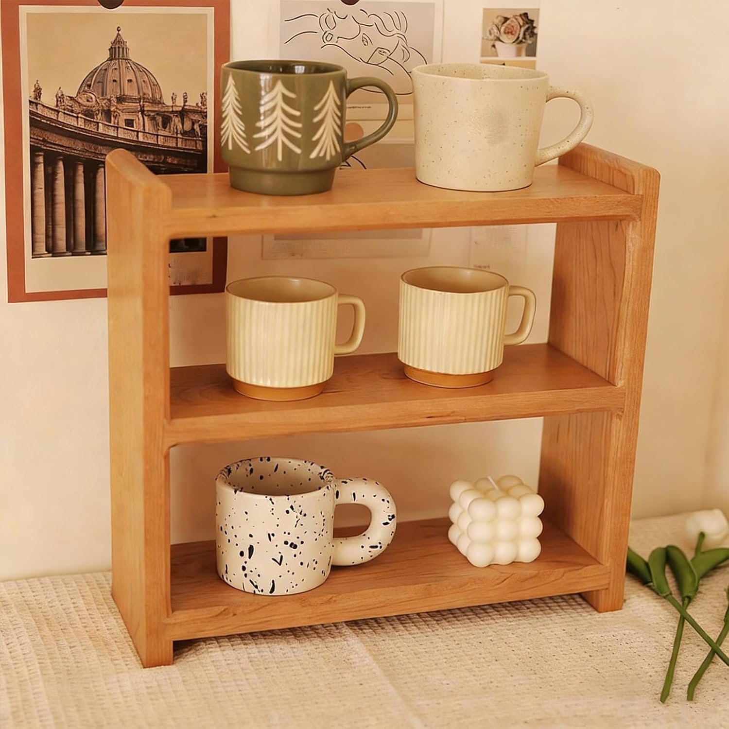 2/3 Tier Solid Walnut Wood Coffee Mug Display Rack, Desktop Countertop Organizer Shelf, No Assembly Required Wood Cup Holder & Spice Rack for Coffee Bar, Kitchen, Office (Cherry, 16" Lx5.3 Wx13.7 H)