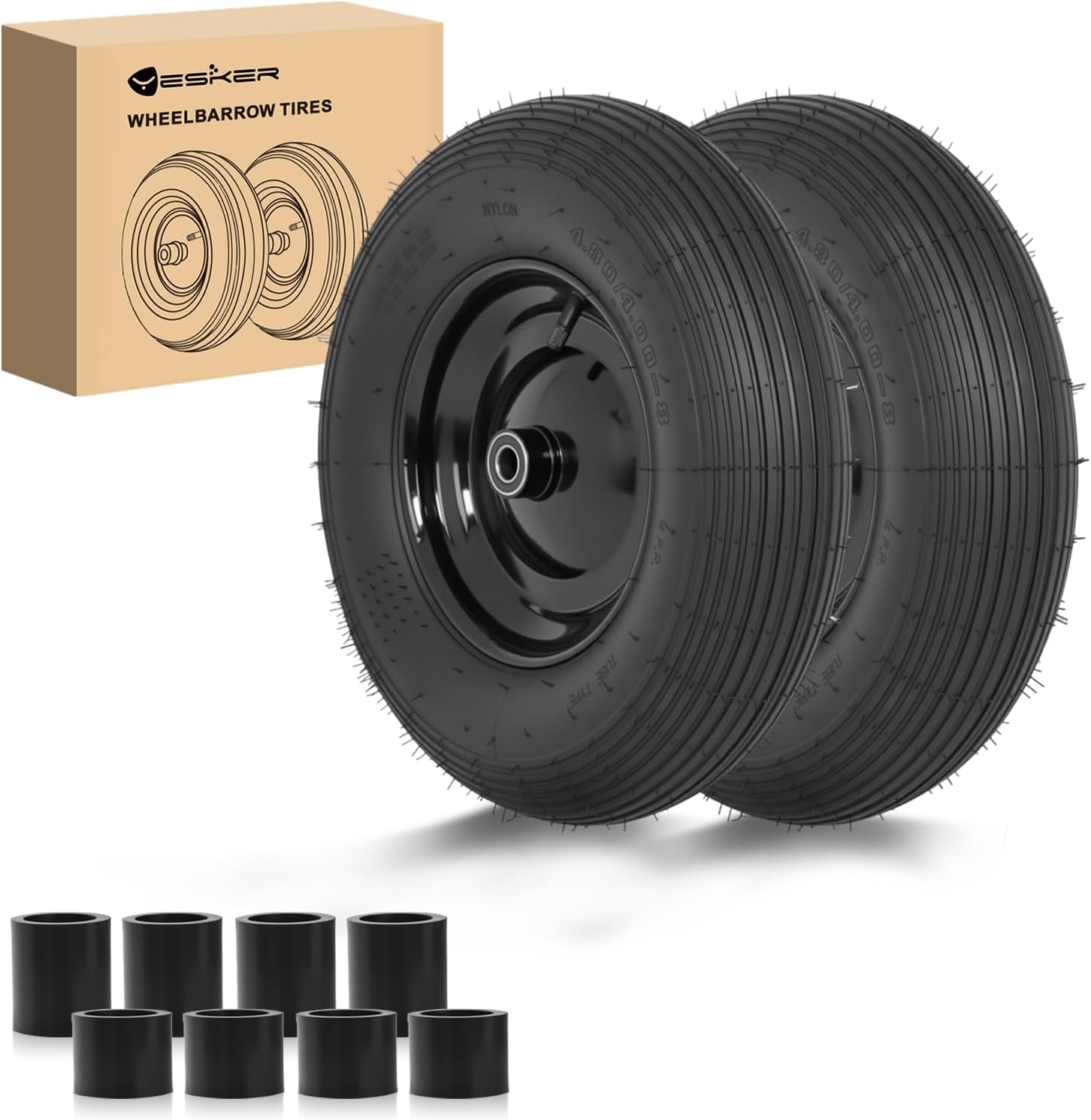 Yesker 4.80/4.00-8" Tires and Wheels Pneumatic, 16" Inflated Air Replacement Tire Wheel with 5/8" Axle Bore for Wheelbarrow, Gorilla Cart, Trolley, Garden Scooter Cart, 2 Pack