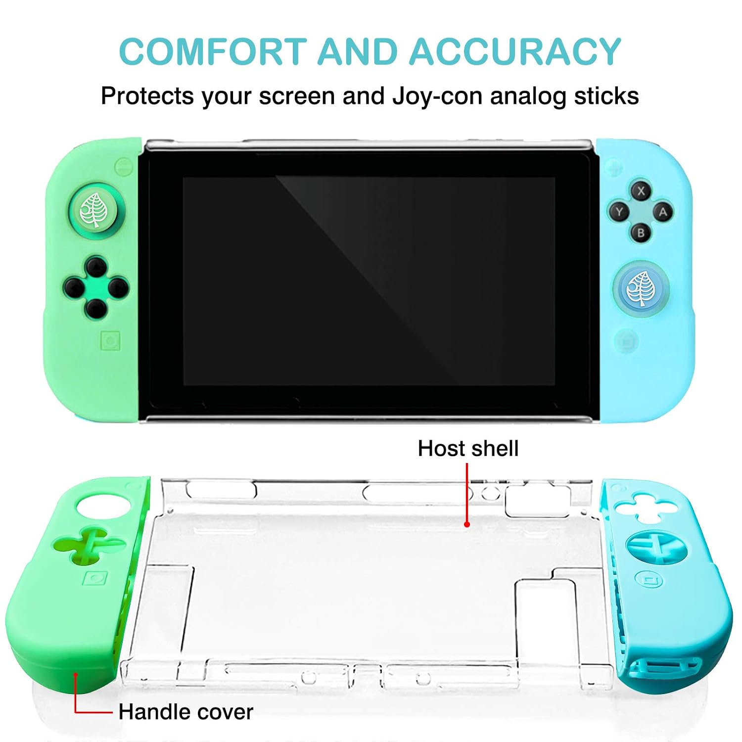 DLseego Animal Crossing Protective Case Compatible with Switch,3 in 1 Protective Grips Case with [2 Pack] Screen Protector &Leaf Thumb Grip Caps for Accessories Kit-Green+Blue