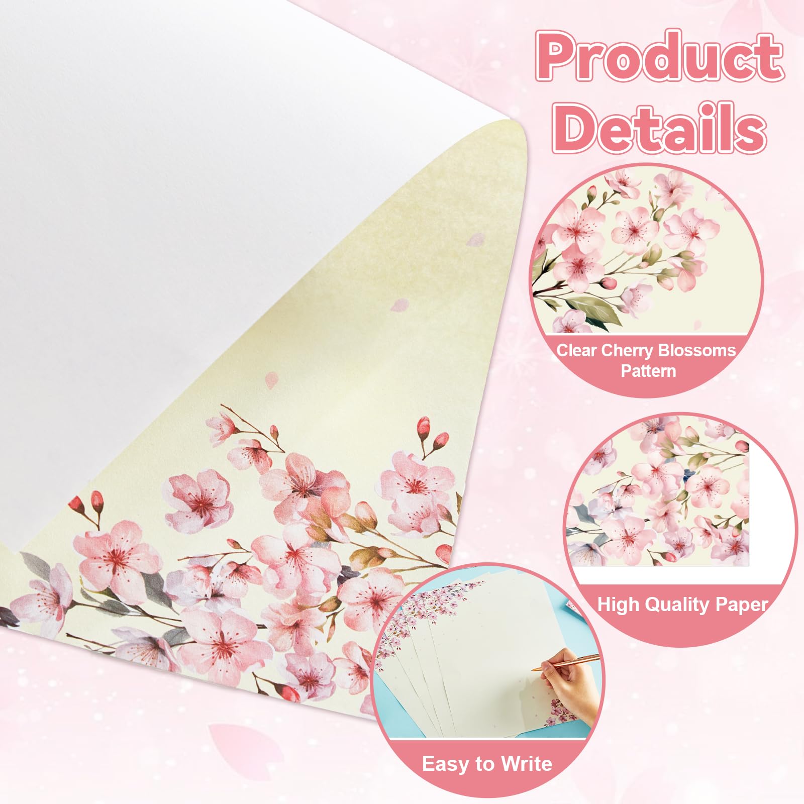 50 membretes de flores de cerezo con sobres, flores de cerezo, papel de computadora, papel de papelería floral rosa para notas a invitaciones de boda, suministros de impresión de oficina, escuela, 8.5
