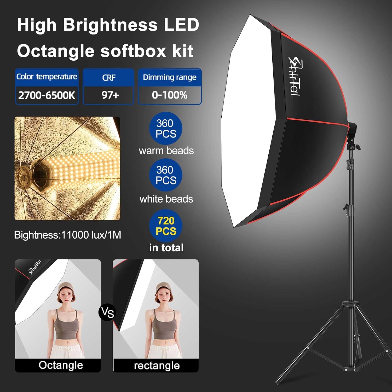 Softbox Lighting Kit,37" Octangle Softbox Photography Lighting Kit with 110W 2700-6500K 11000Lux Dimmable LED Prismatic Lamp and Remote Control,Photo Studio Soft Box Lights for Video Recording - Image 2