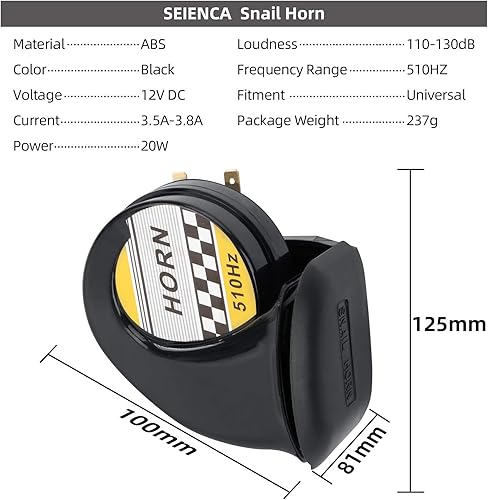 Miniatura 4 de SEINECA Sirena de cuerno de caracol universal de 12 V, 130 DB, tono alto, 510 Hz, impermeable, bocina de aire eléctrica para motocicleta, auto Negro