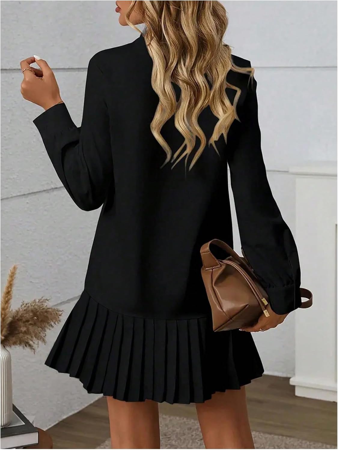 SOLY HUX Women's Button Down Shirt Dress Collared Long Sleeve Pleated Swing Mini Dresses - Image 2