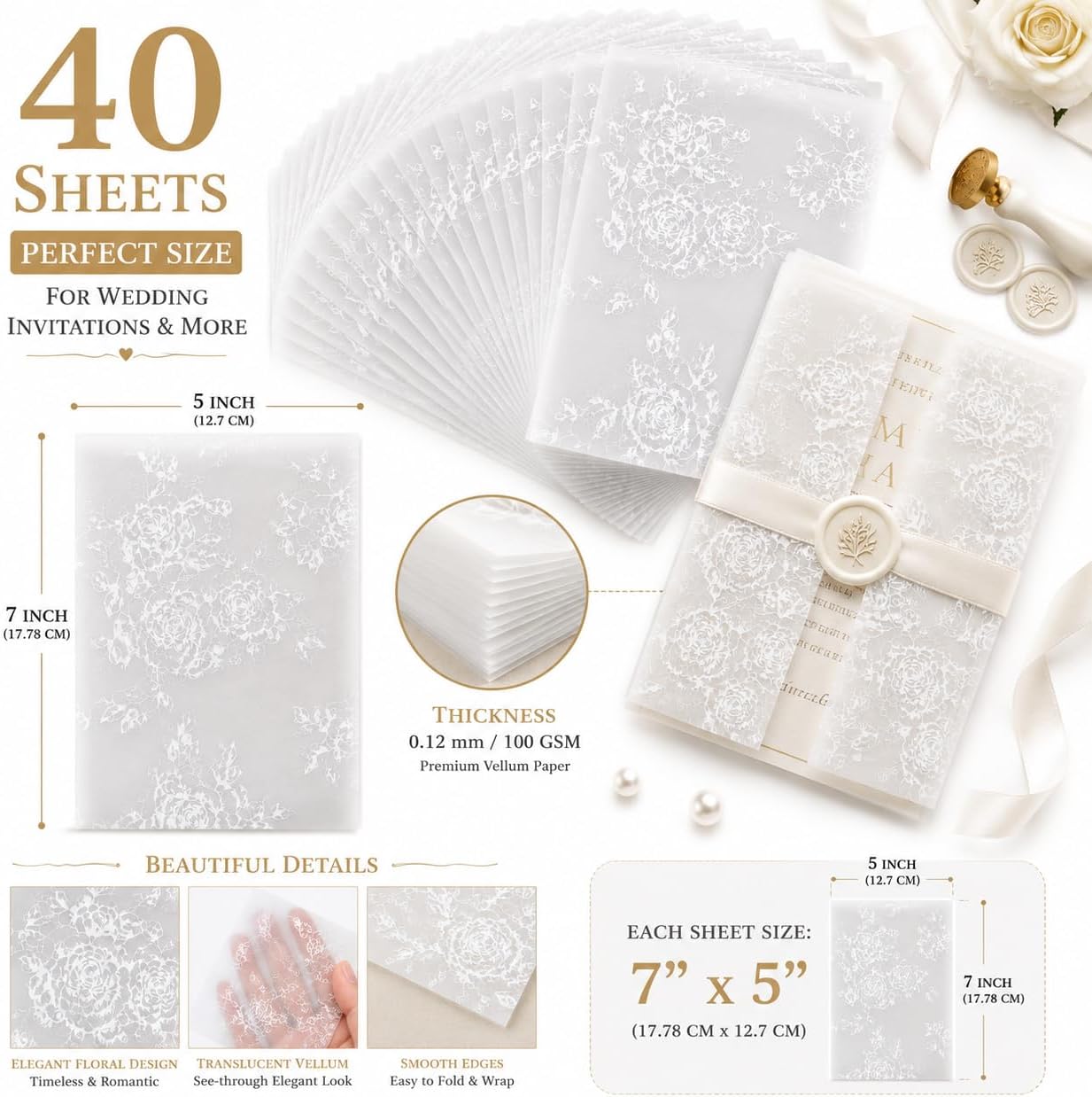 PVWSG Floral Vellum Jackets for 5x7 Invitations, 40 Pack