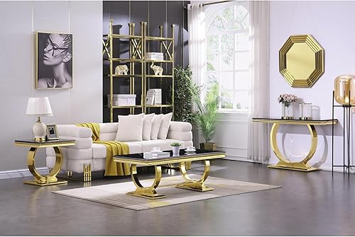 ACEDÉCOR Moderno juego de mesa de centro de 4 piezas, dorado, mesa de mármol sintético, incluye mesa auxiliar, 2 mesas auxiliares, mesa consola,