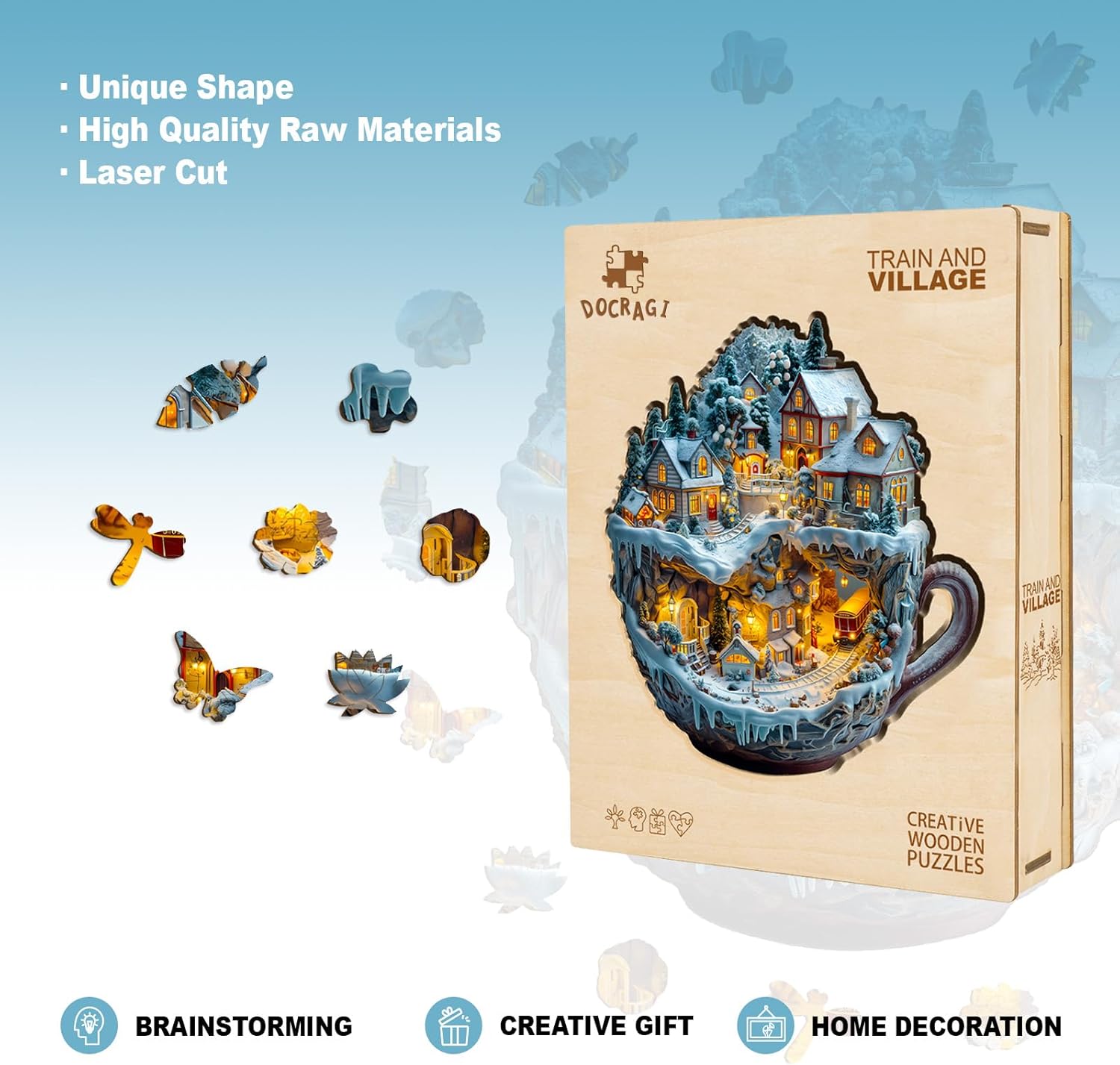 Wooden Puzzles for Adults - Train and Village Wooden Jigsaw Puzzle - Unique Animal Shaped Wood Puzzles Adult - Christmas Birthday Gifts for Adults/Friends/Family - 165pcs 11.4 * 10.6in
