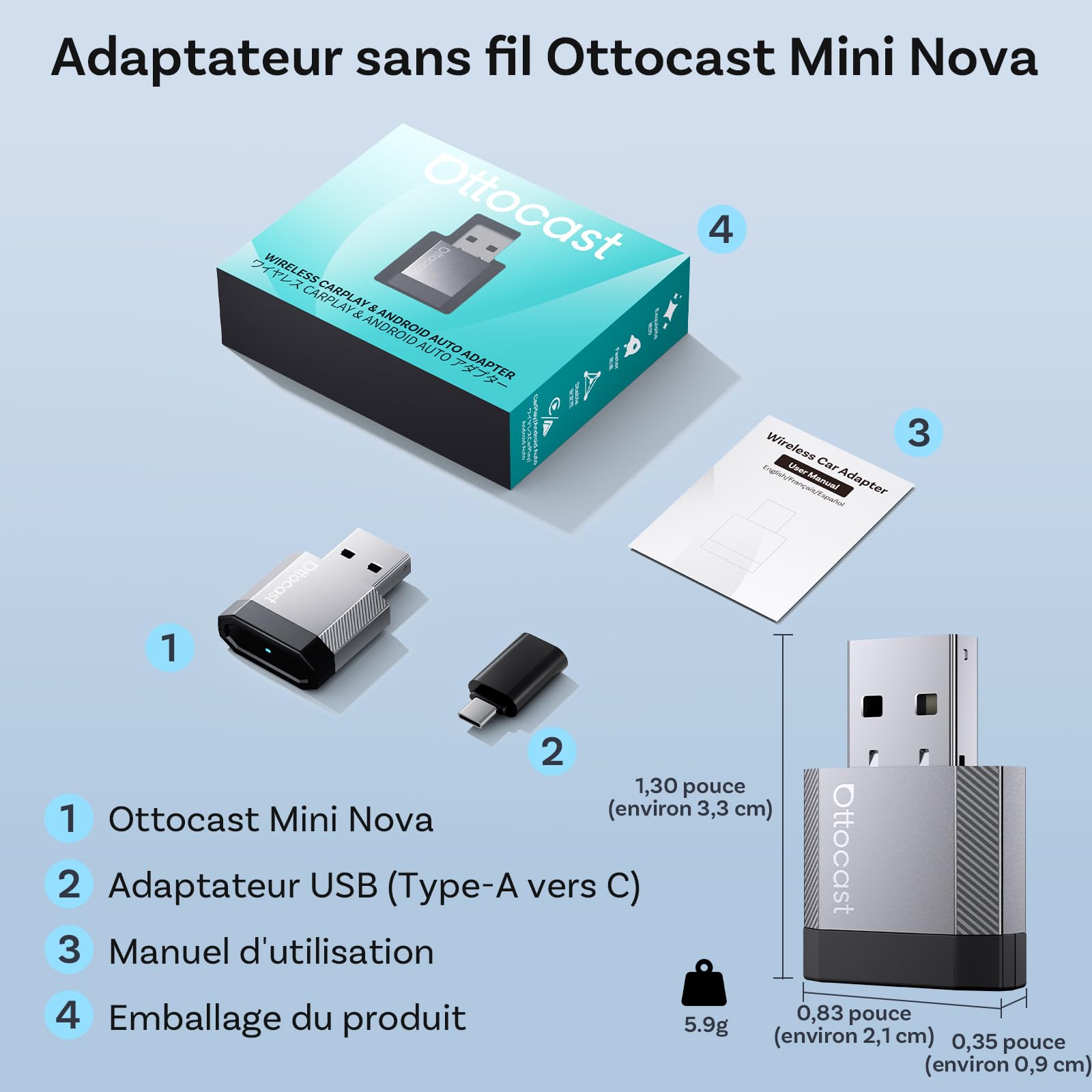 OTTOCAST Adaptateur CarPlay sans Fil et Android Auto 2 en 1, Mini Nova 2026 Adaptateur CarPlay Wireless, Compatible ChatGPT Gemini (iOS 26.3+), Plug & Play pour Voitures CarPlay/Android Auto Filaires