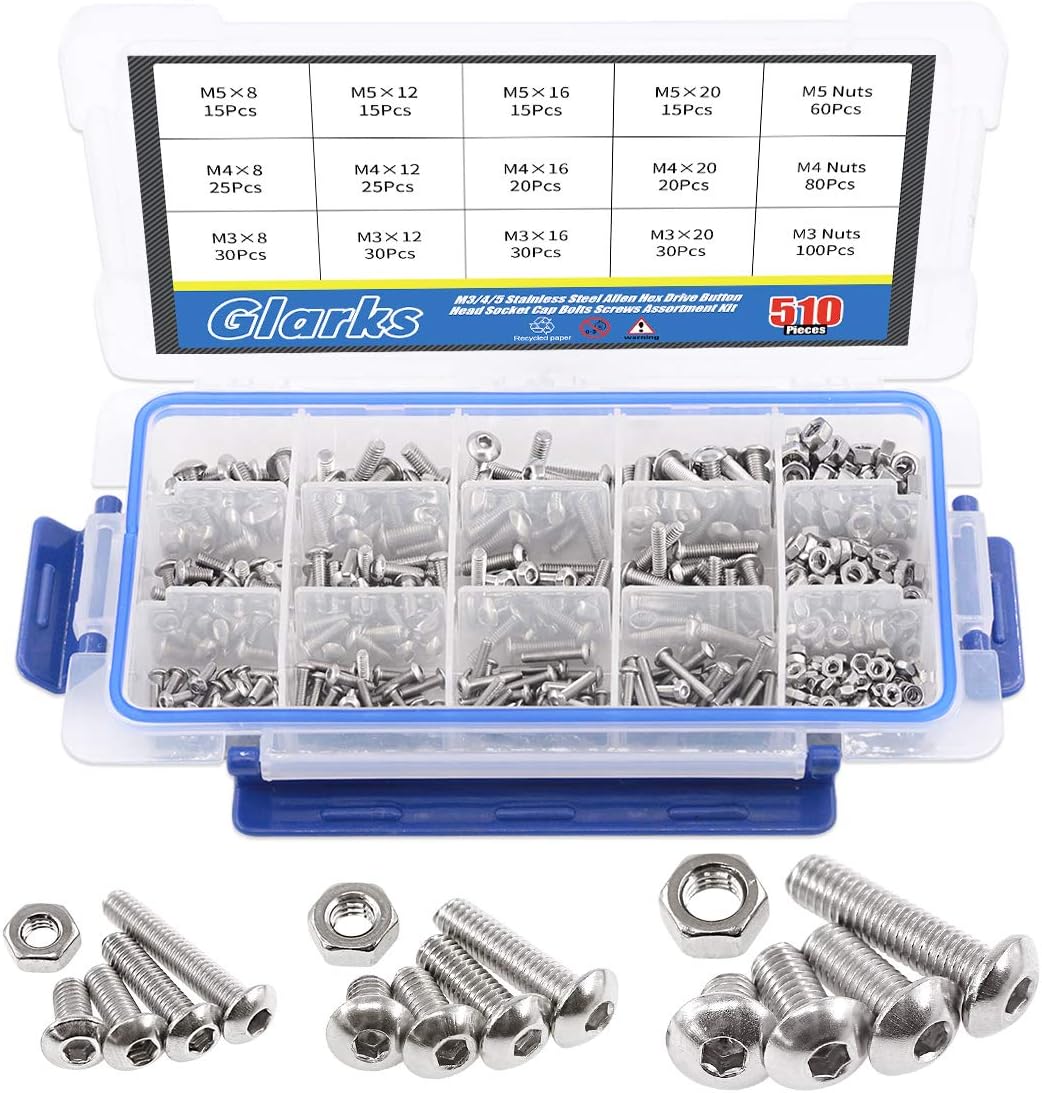 Glarks Stainless Steel M3-M5 Fastener Set - 510Pcs Hex Button Head Socket Cap Bolts Screws Assortment Kit